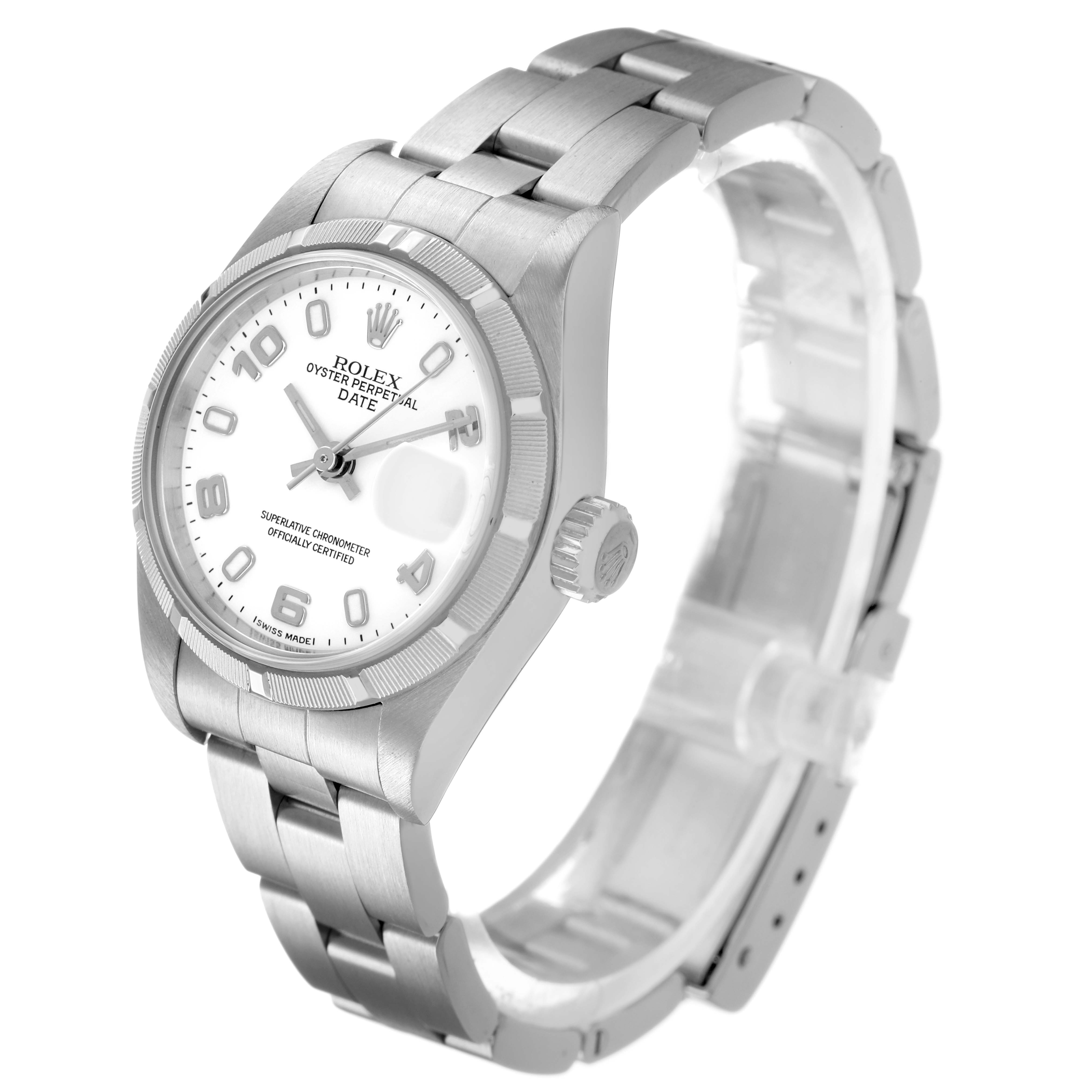 The Rolex Date 79190 Women's Stainless Steel White Dial watch is shown at a slight angle, highlighting the dial, bezel, crown, and bracelet.