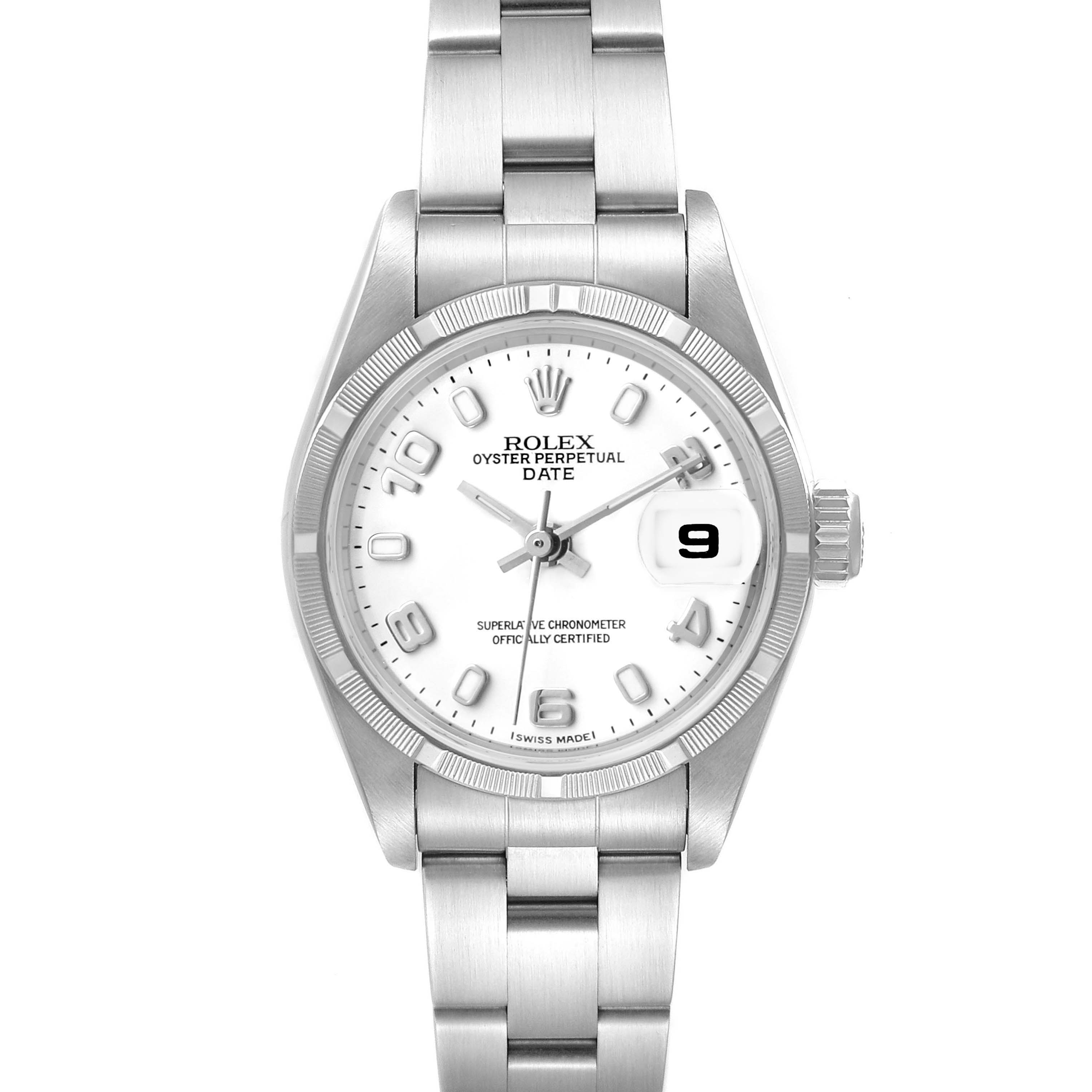 The Rolex Date 79190 Women's Stainless Steel White Dial model is shown from a front angle, displaying the dial, bezel, bracelet, and crown.