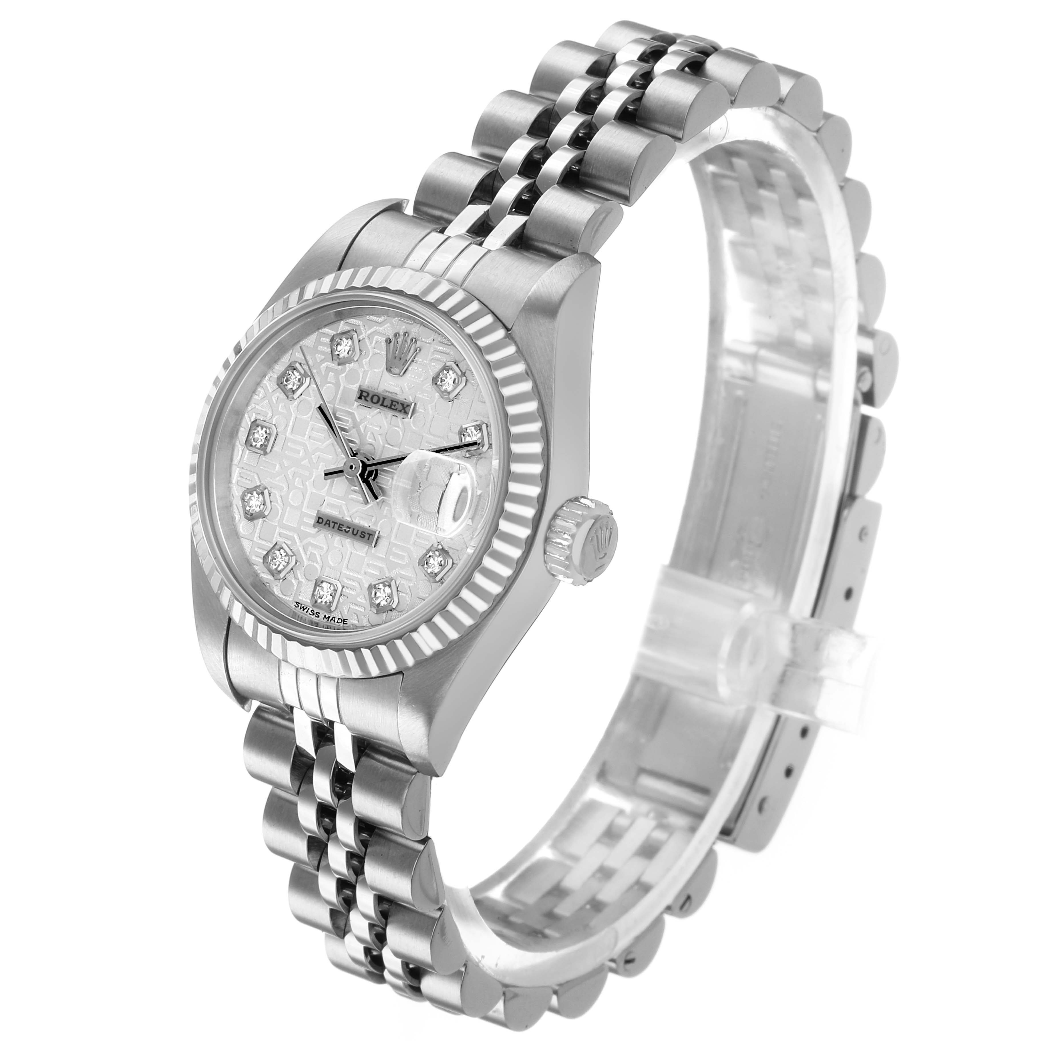 The Rolex Datejust 79174 Women's Stainless Steel Silver Dial watch is shown at a three-quarter angle, highlighting the face, bezel, crown, and part of the bracelet.