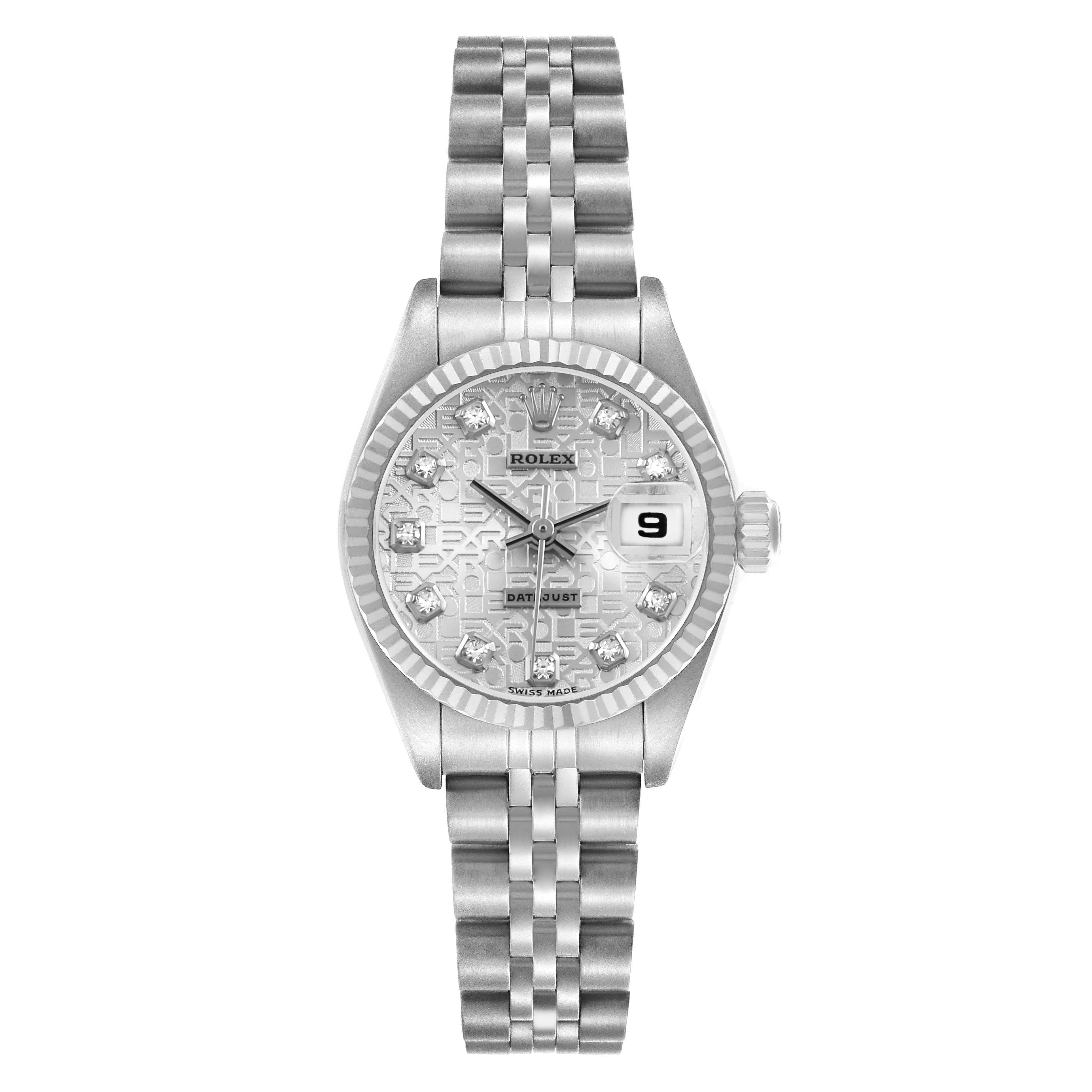 The Rolex Datejust 79174 Women's Stainless Steel Silver Dial watch is shown from a top view, displaying the dial, fluted bezel, bracelet, and cyclops lens.