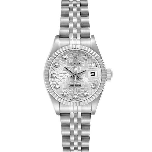 The Rolex Datejust 79174 Women's Stainless Steel Silver Dial watch is shown from the front, highlighting the dial, hands, bezel, date window, and bracelet.