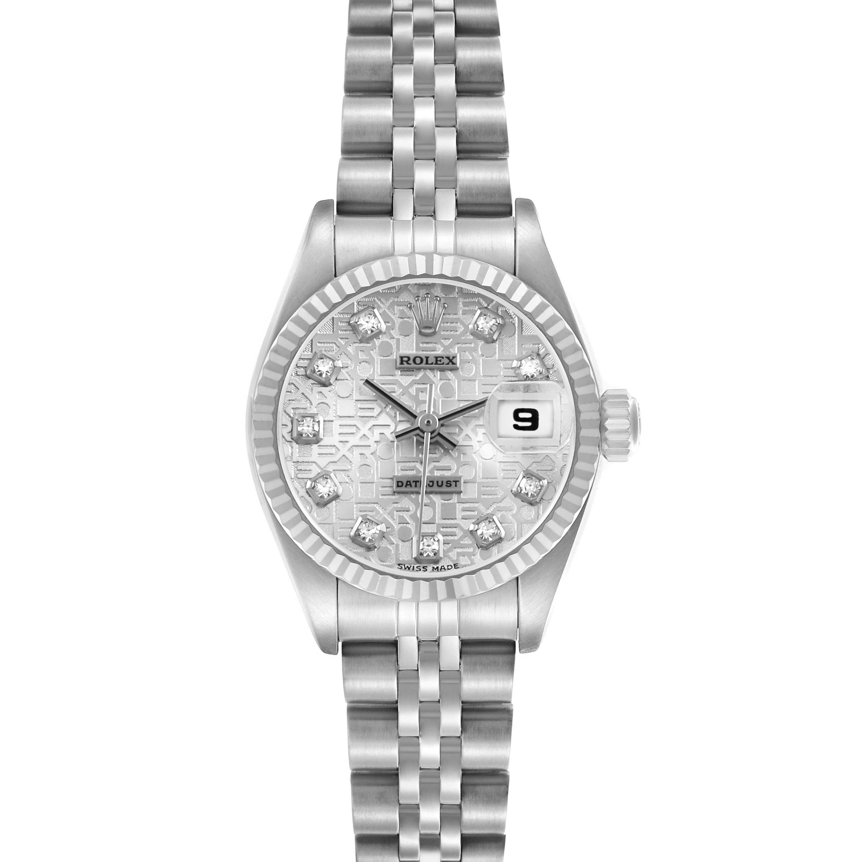 The image shows a front view of a Rolex Datejust 79174 Women's Stainless Steel Silver Dial, highlighting the dial, bezel, and bracelet.