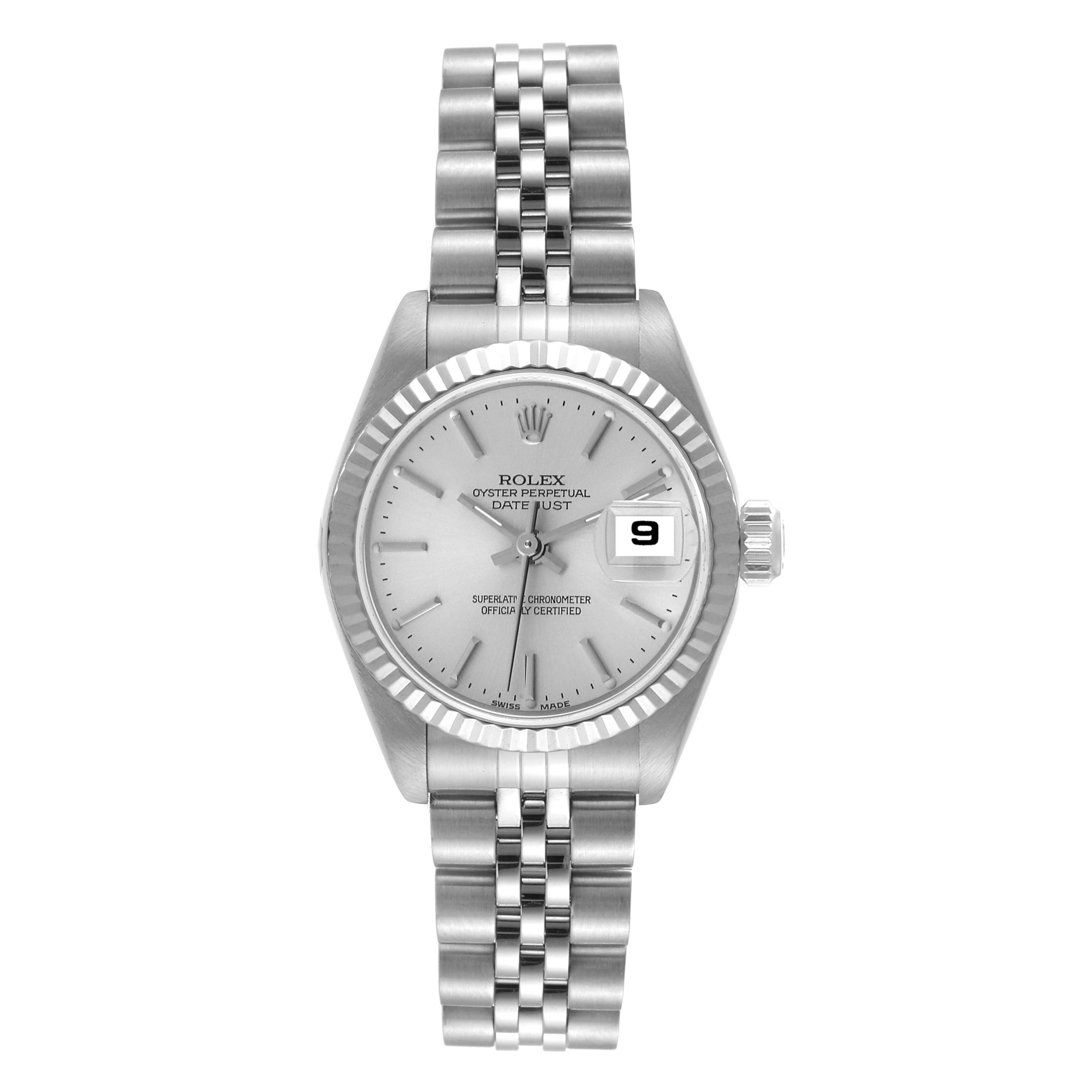 This image shows a Rolex Datejust 79174 Women's Stainless Steel Silver Dial 79174 Women's Stainless Steel Silver Dial watch from a top view, highlighting the dial, bracelet, and date feature with magnification.