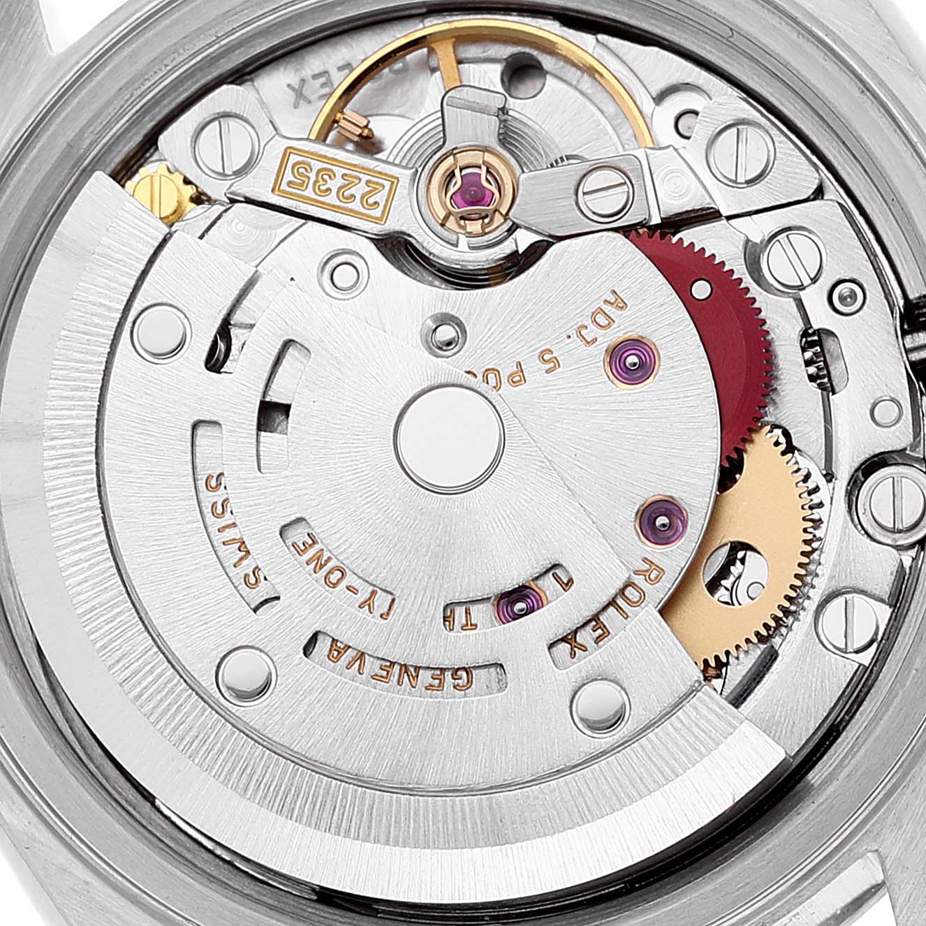 This image shows a close-up view of the movement mechanism parts of a Rolex Datejust 79174 Women's Stainless Steel Silver Dial 79174 Women's Stainless Steel Silver Dial watch.