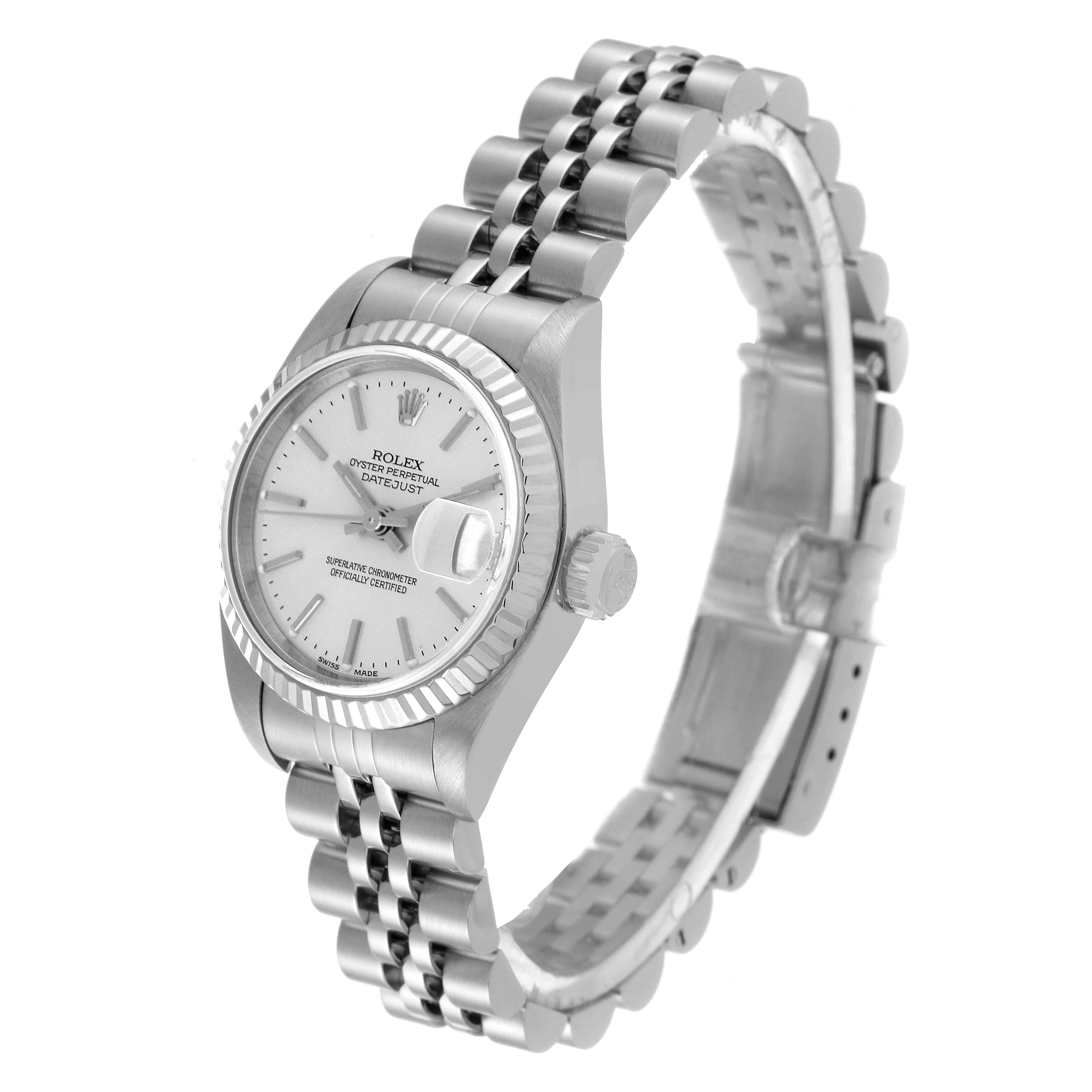 The Rolex Datejust 79174 Women's Stainless Steel Silver Dial 79174 Women's Stainless Steel Silver Dial watch is shown from a three-quarter angle, displaying its face, bezel, crown, and bracelet.
