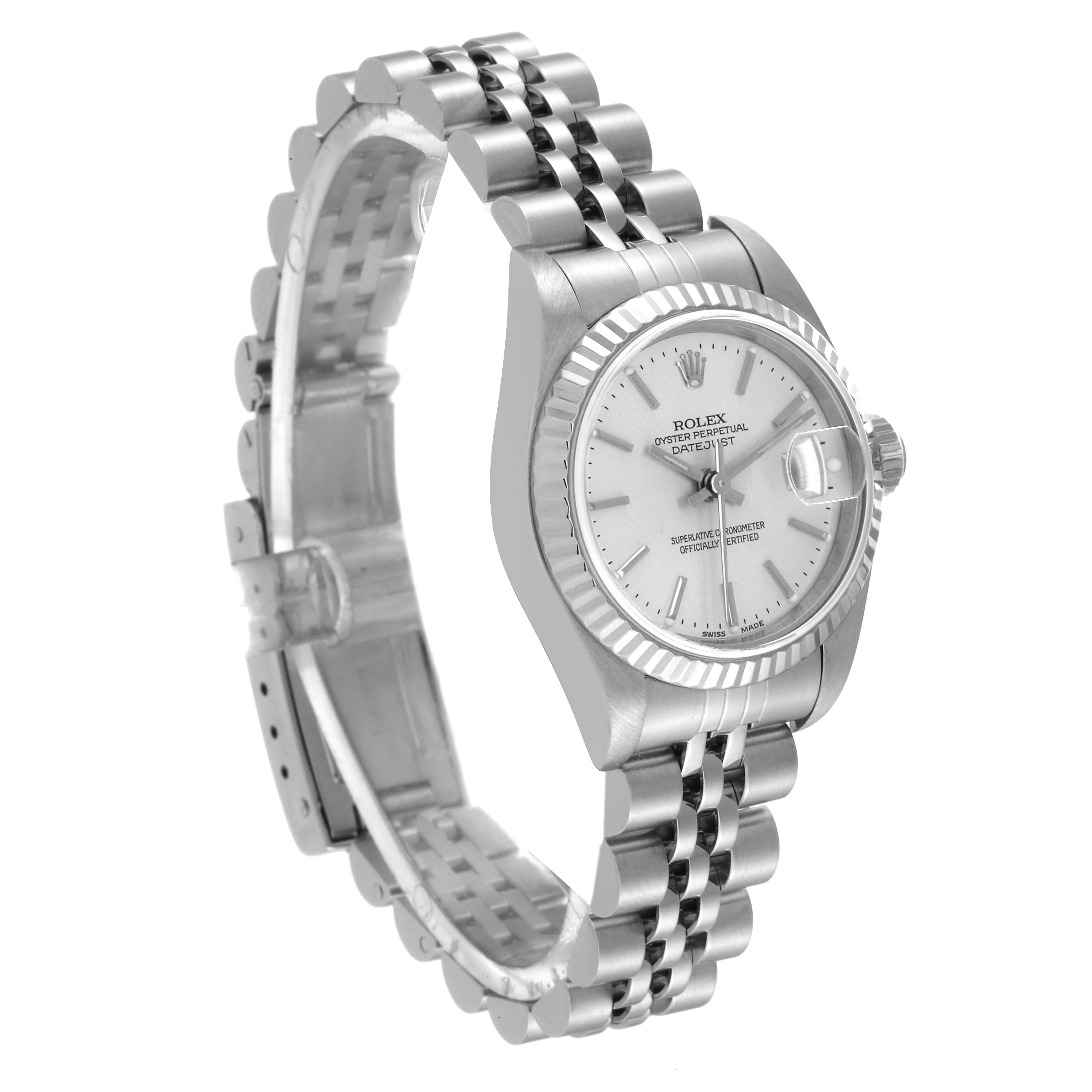 This Rolex Datejust 79174 Women's Stainless Steel Silver Dial 79174 Women's Stainless Steel Silver Dial watch is shown at a three-quarter angle, displaying the dial, bracelet, and clasp.