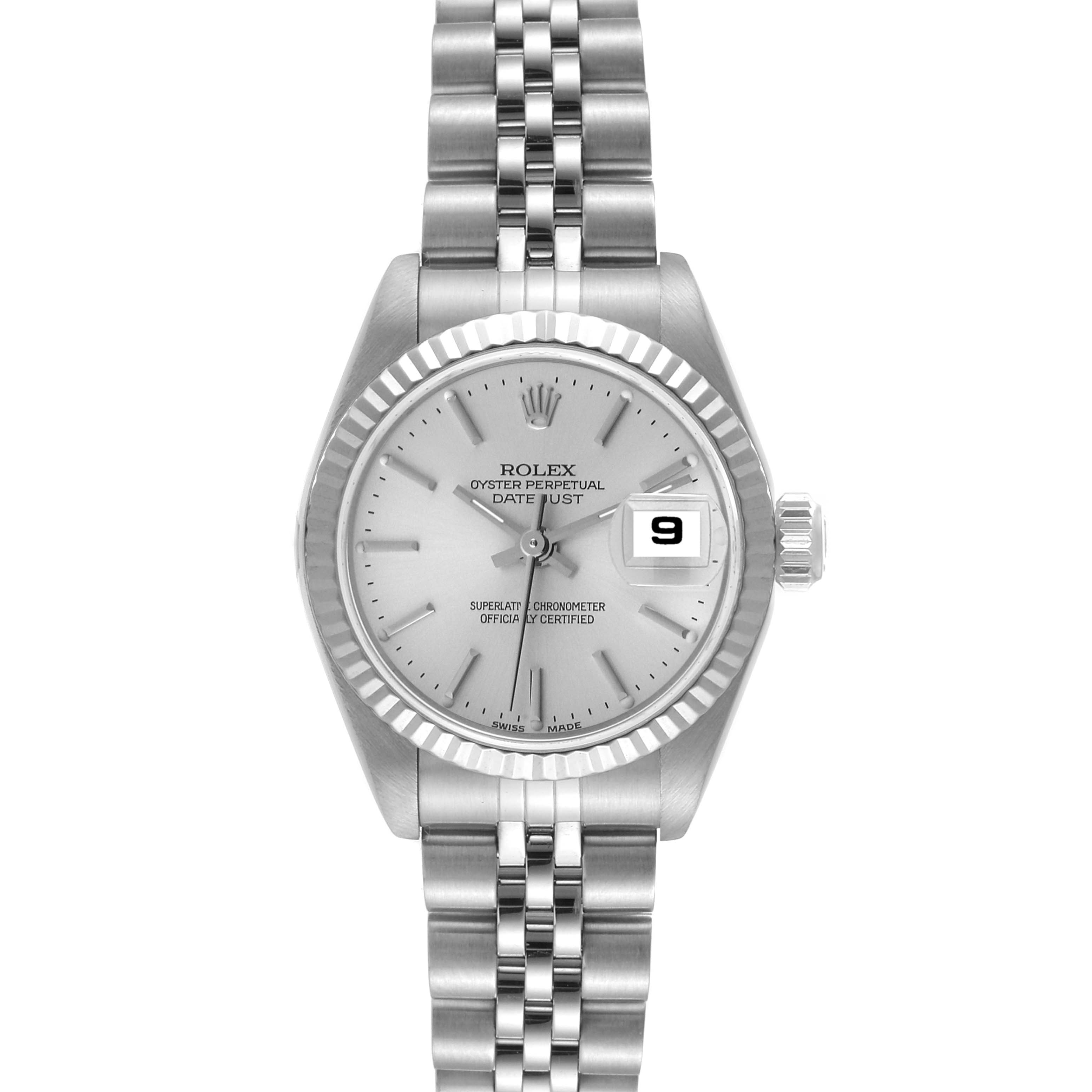 This image shows a frontal view of the Rolex Datejust 79174 Women's Stainless Steel Silver Dial 79174 Women's Stainless Steel Silver Dial watch, highlighting its silver dial, fluted bezel, and jubilee bracelet.