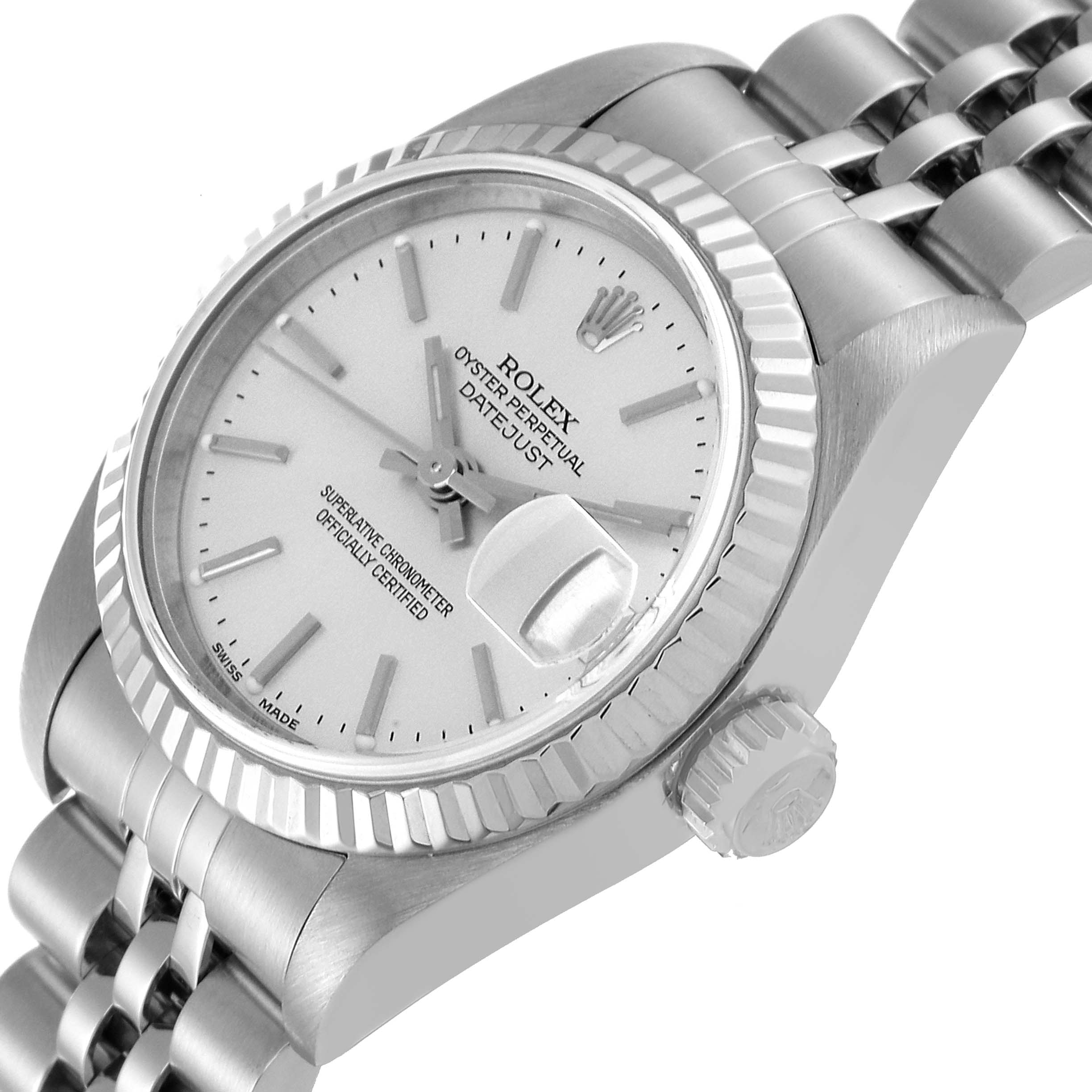 The image shows a close-up, angled view of the Rolex Datejust 79174 Women's Stainless Steel Silver Dial 79174 Women's Stainless Steel Silver Dial watch focusing on the dial, bezel, crown, and part of the bracelet.