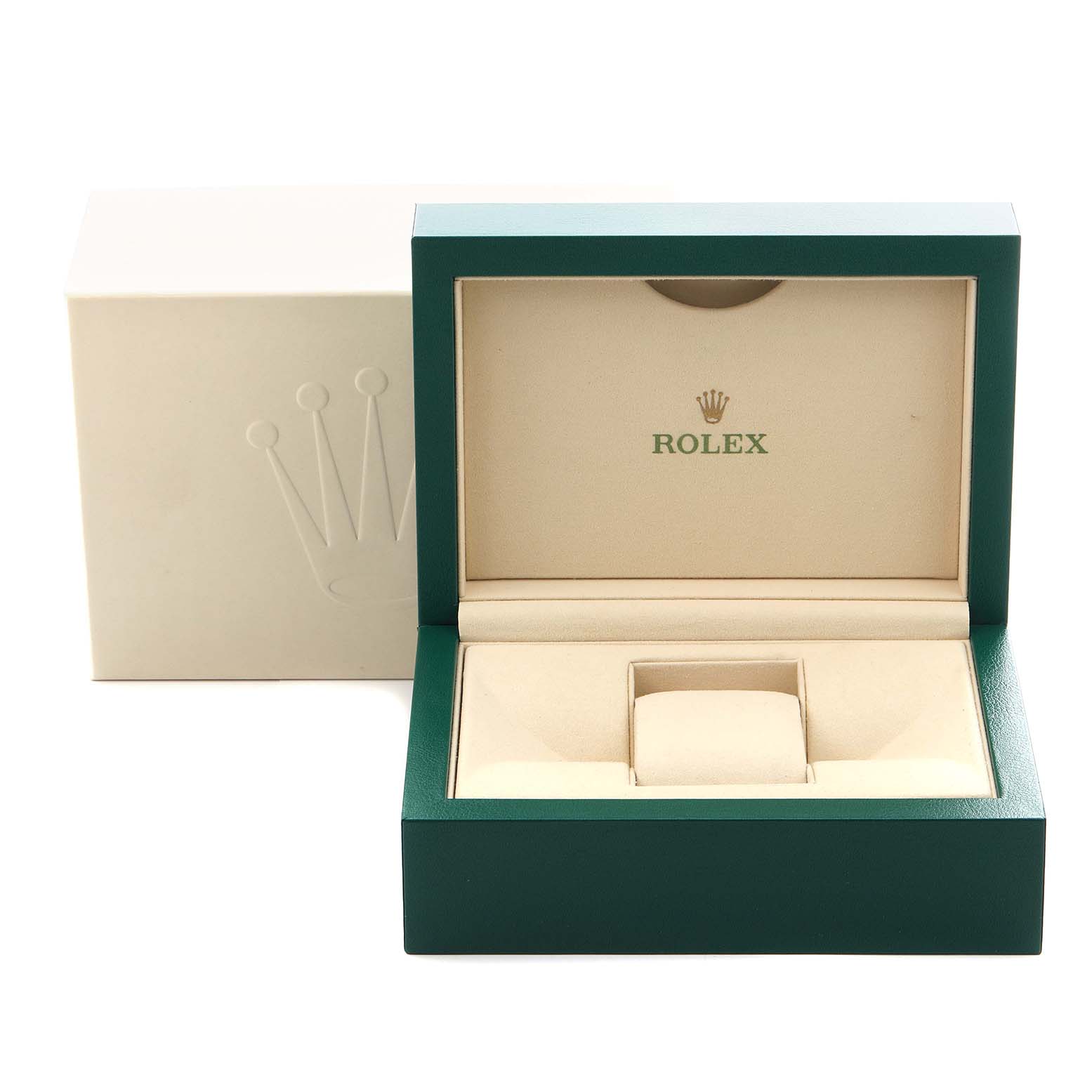 The image shows an open Rolex watch box for a Mid-Size model, featuring a green exterior and beige interior with branding.
