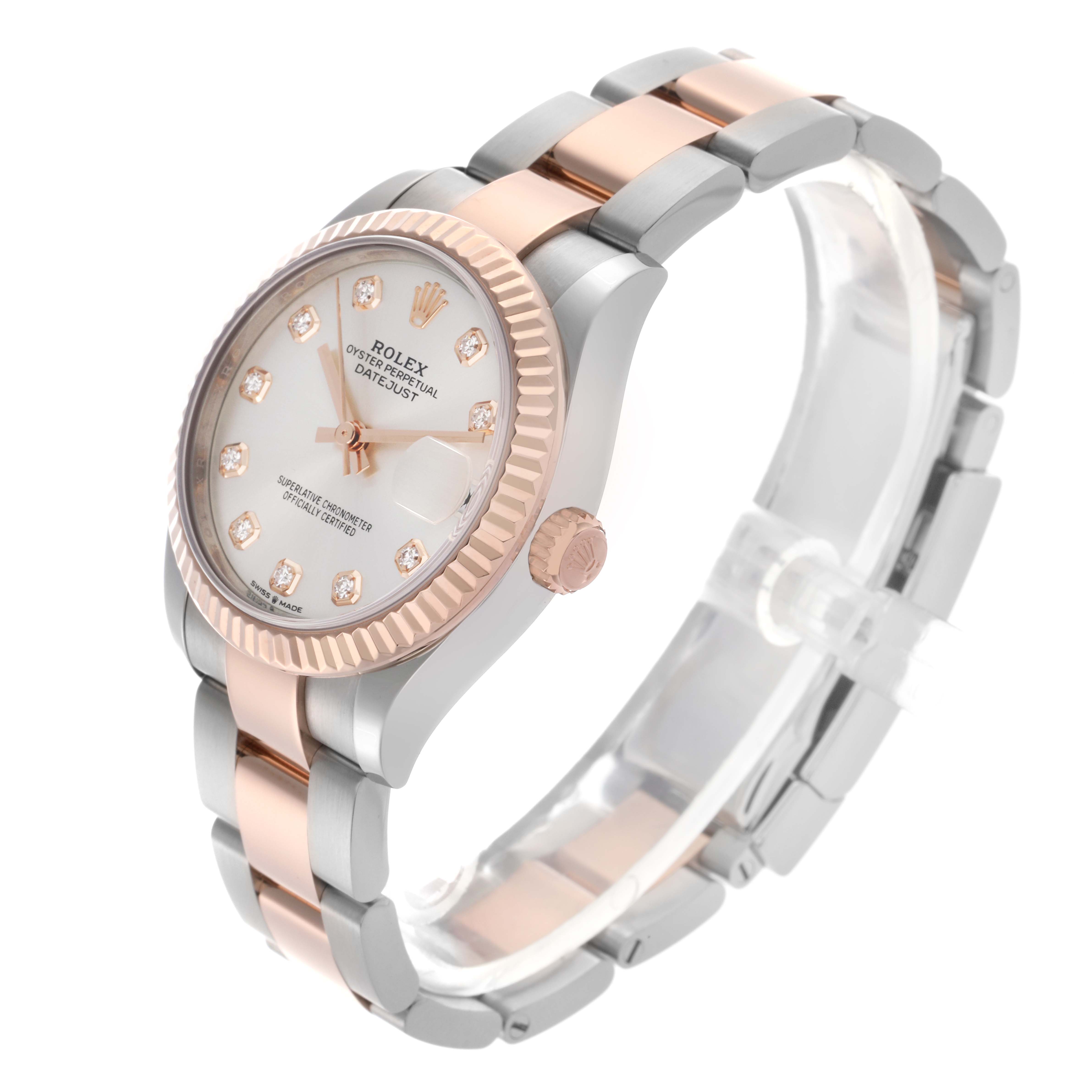 The Rolex Mid-Size 278271 Women's Steel and Gold (two tone) Silver Dial 278271 Women's Steel and Gold (two tone) Silver Dial watch is shown at a three-quarter angle, highlighting the bezel, dial, and part of the two-tone bracelet.