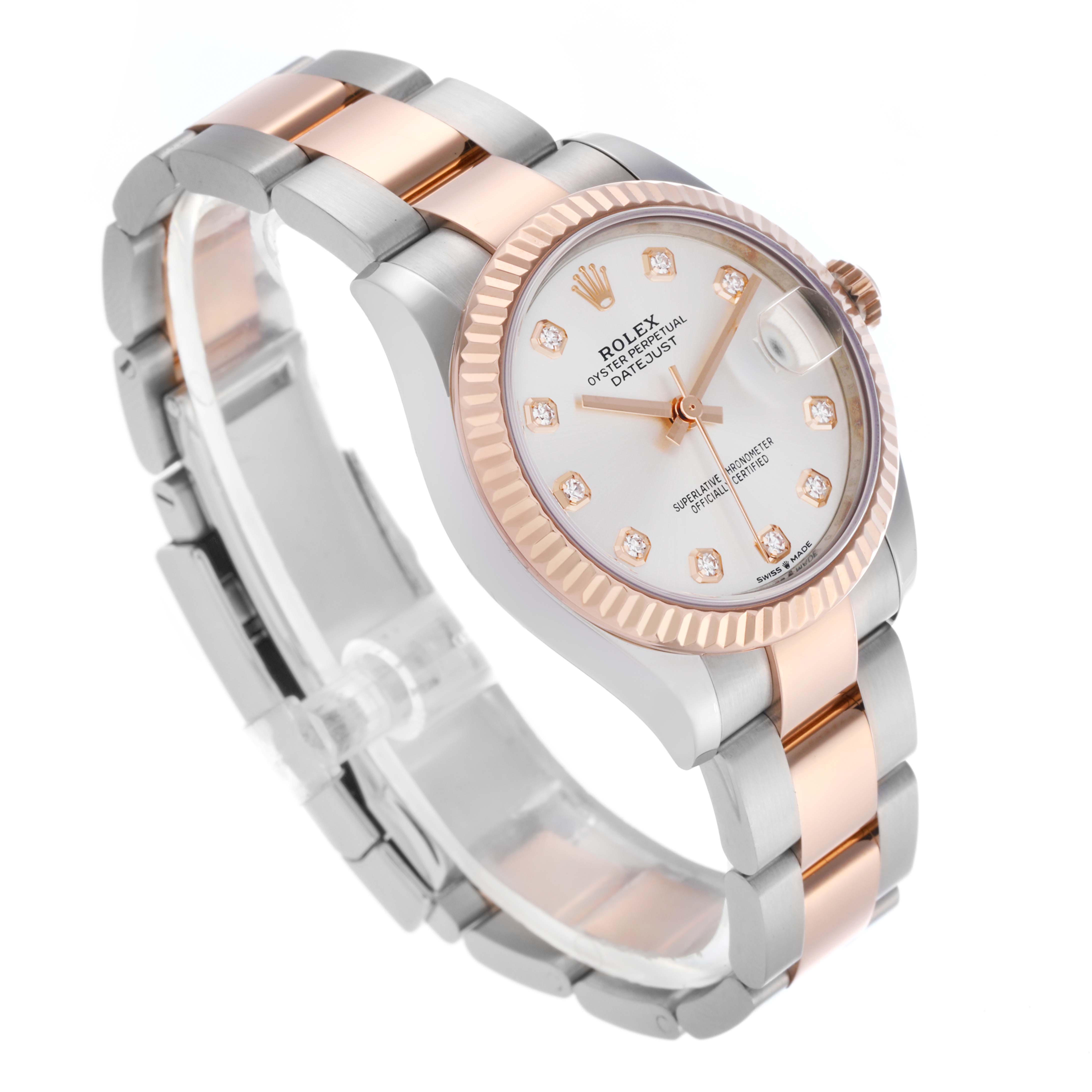The Rolex Mid-Size 278271 Women's Steel and Gold (two tone) Silver Dial 278271 Women's Steel and Gold (two tone) Silver Dial watch is shown at a three-quarter angle, highlighting the face, bezel, and two-tone bracelet.
