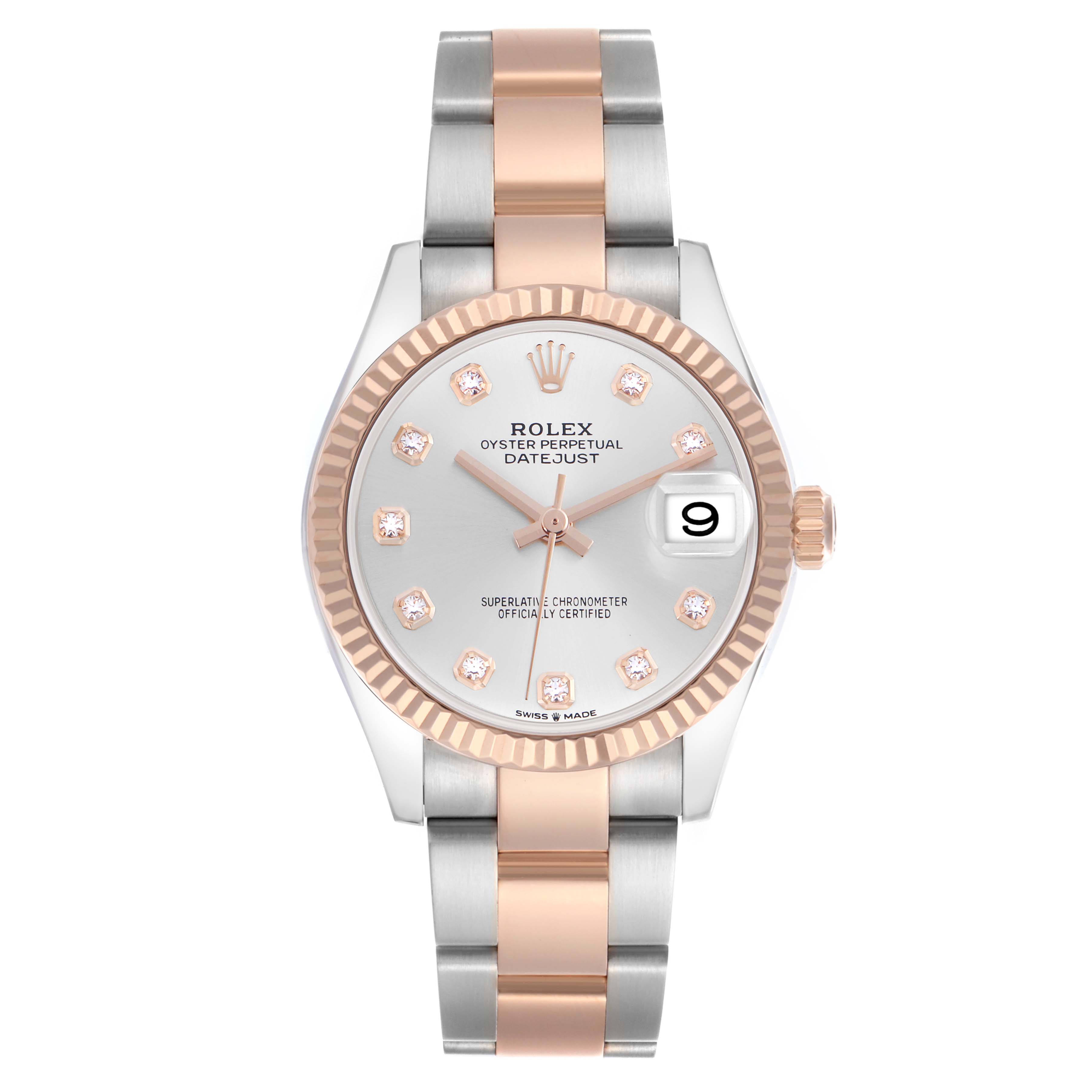 The Rolex Mid-Size 278271 Women's Steel and Gold (two tone) Silver Dial 278271 Women's Steel and Gold (two tone) Silver Dial watch is shown from the front, highlighting the face, bezel, bracelet, and crown.