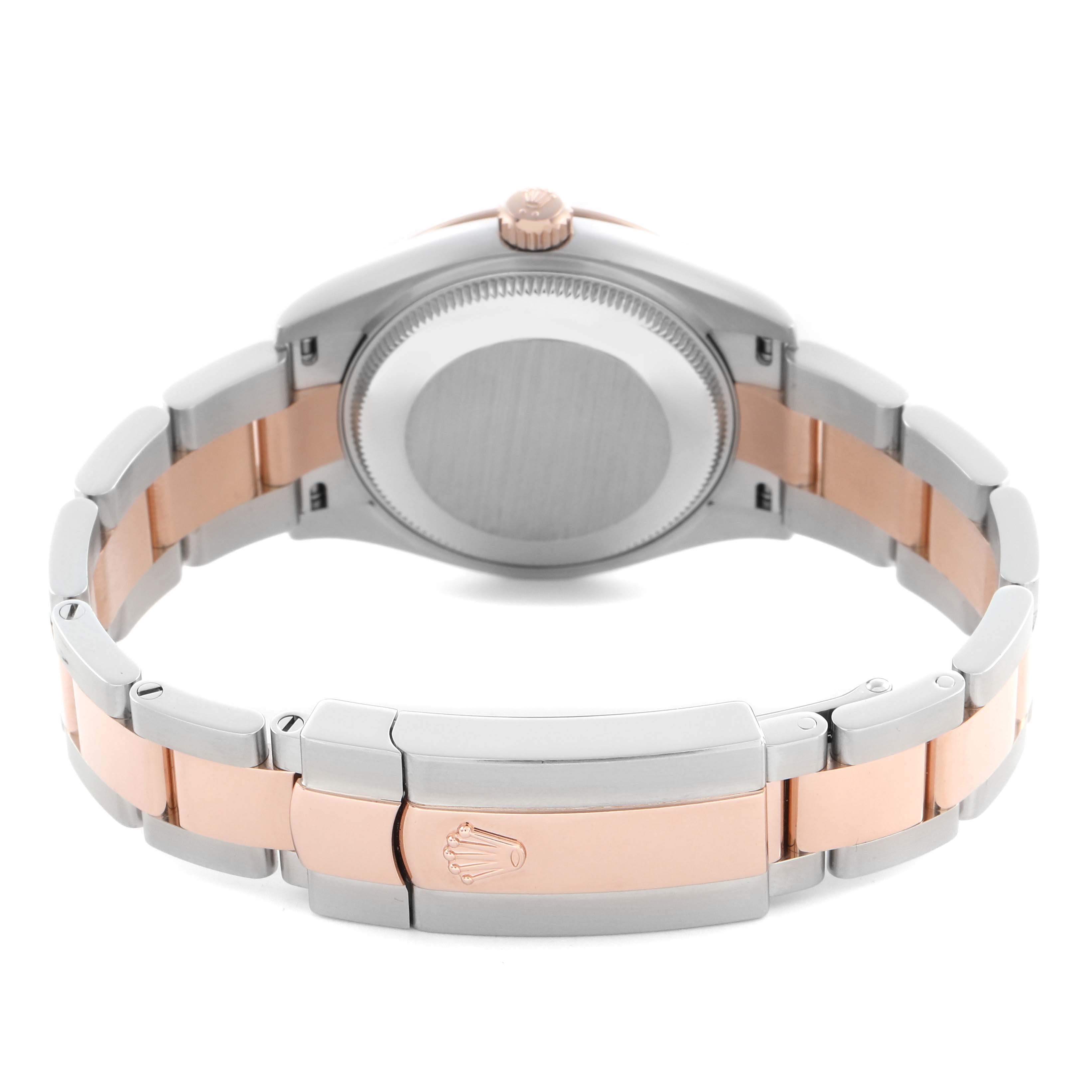 The Rolex Mid-Size 278271 Women's Steel and Gold (two tone) Silver Dial 278271 Women's Steel and Gold (two tone) Silver Dial model is shown from the back, highlighting the case back and two-tone bracelet clasp.