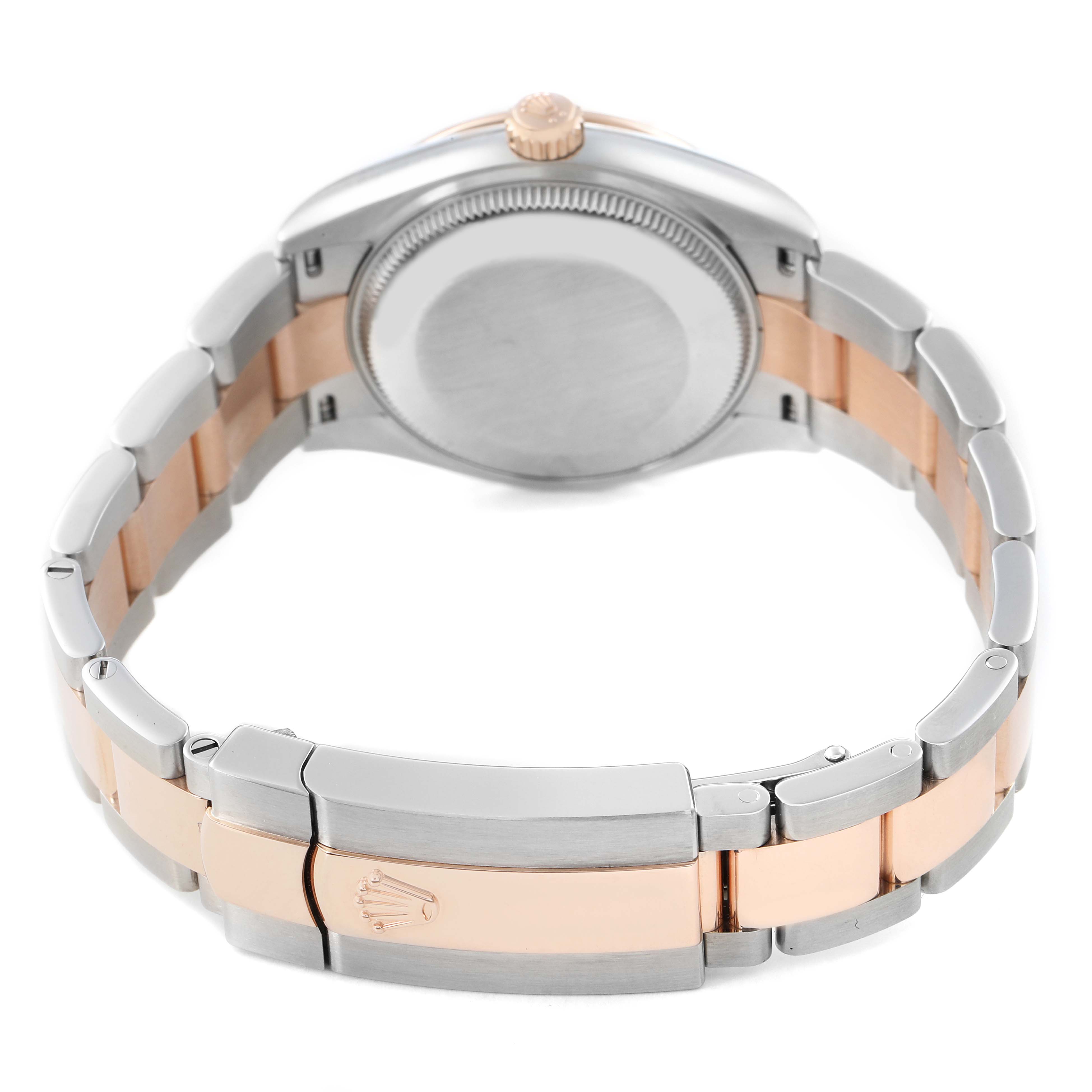 The Rolex Mid-Size M278271-0029 Women's Steel and Gold (two tone) Grey Dial watch is shown from a rear angle, revealing the case back and two-tone bracelet with clasp.