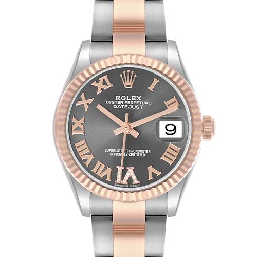 The Rolex Mid-Size M278271-0029 Women's Steel and Gold (two tone) Grey Dial Datejust is shown from the front, highlighting its dial, bezel, and bracelet.