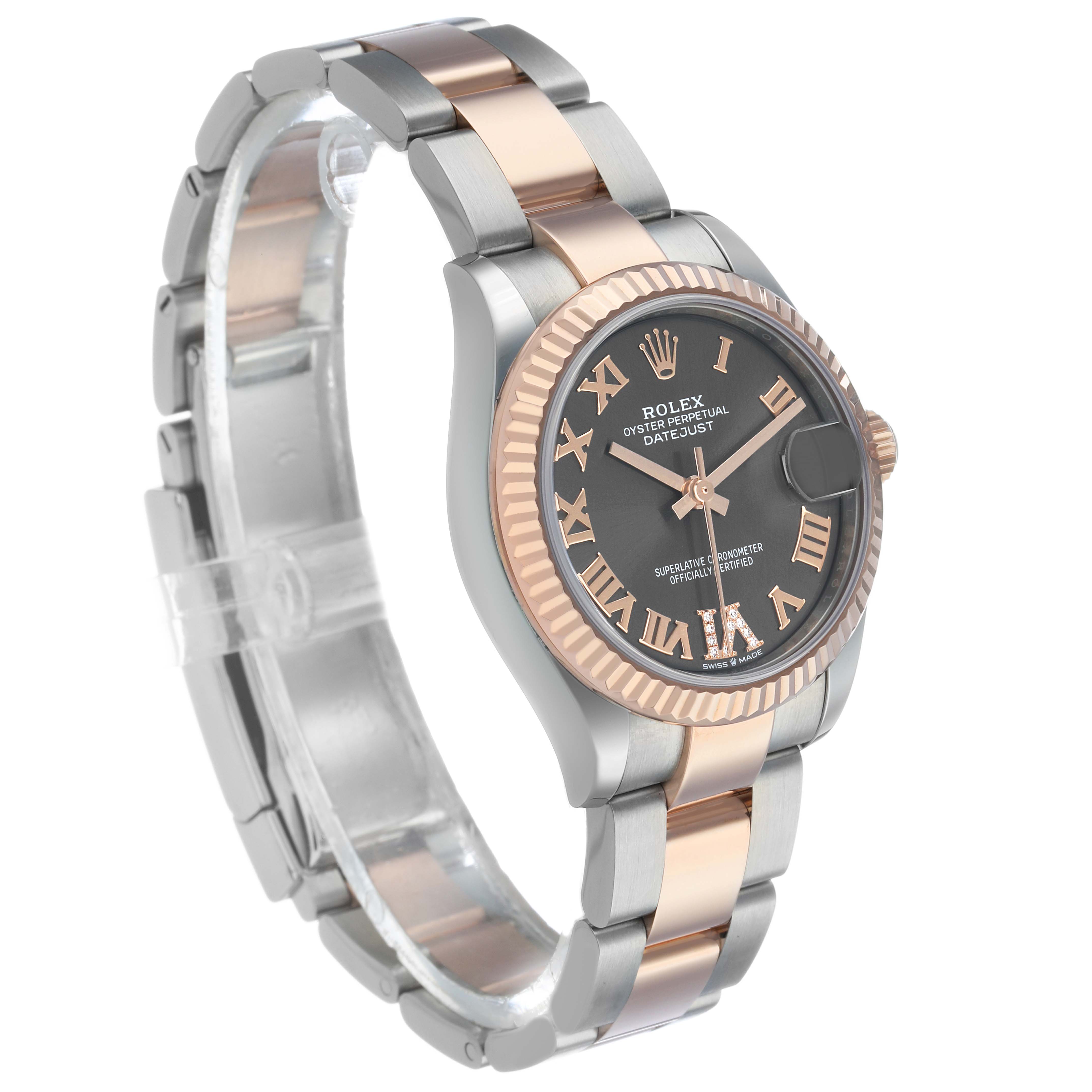 The Rolex Mid-Size M278271-0029 Women's Steel and Gold (two tone) Grey Dial watch is shown at a slight side angle, highlighting the bezel, dial, and bracelet with rose gold accents.