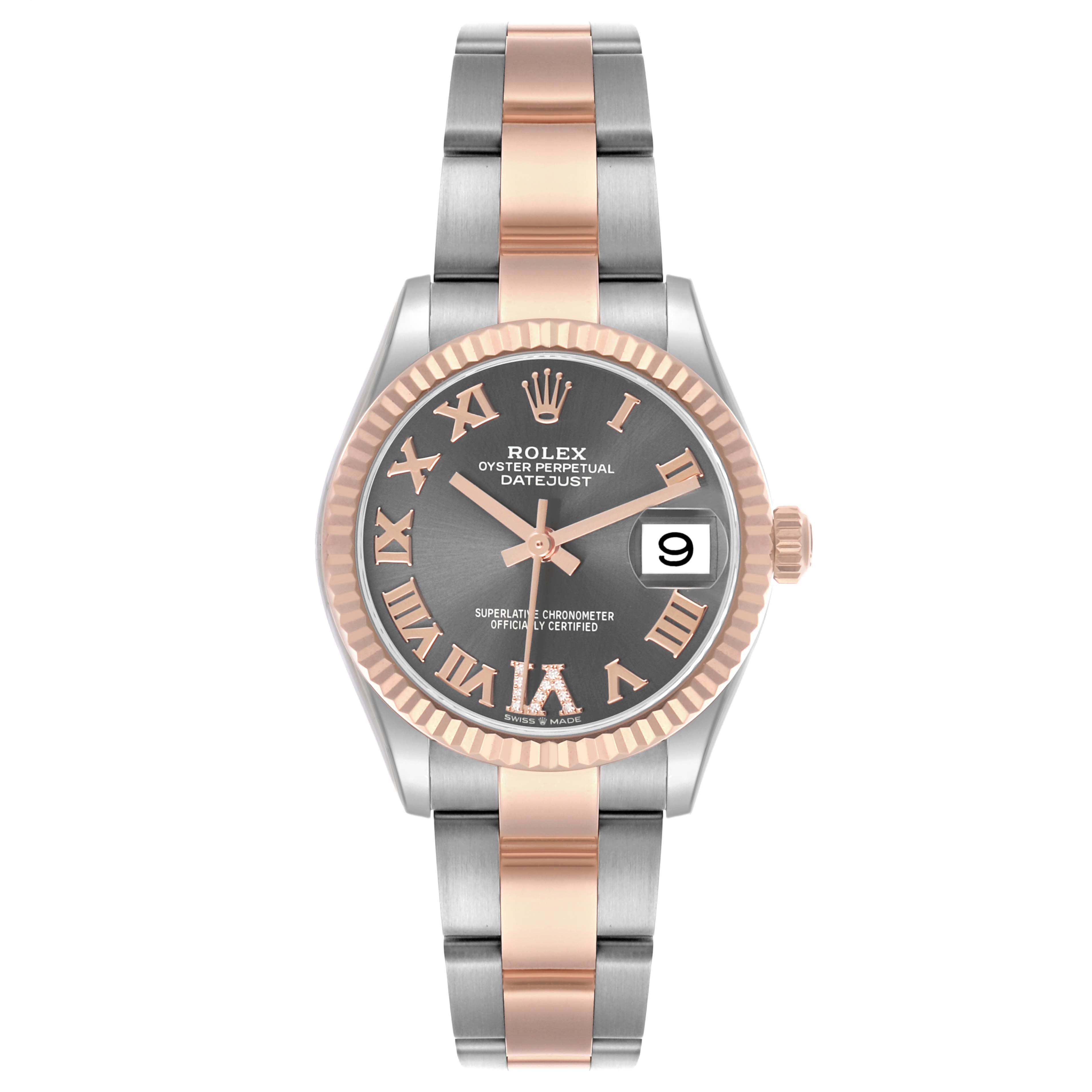 The Rolex Mid-Size M278271-0029 Women's Steel and Gold (two tone) Grey Dial watch is shown from a front angle, displaying its bezel, dial, bracelet, and date window.