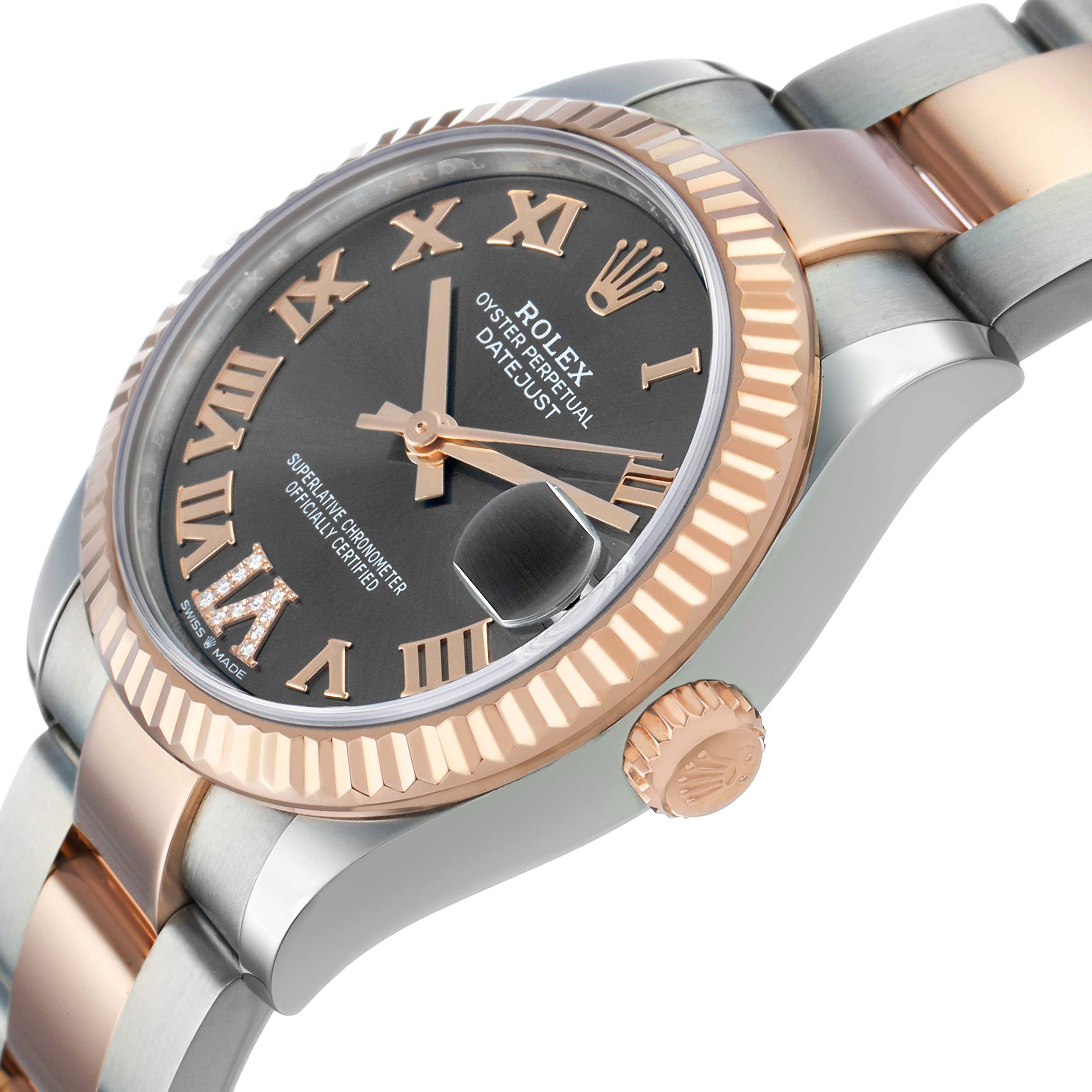 The Rolex Mid-Size M278271-0029 Women's Steel and Gold (two tone) Grey Dial watch is shown from an angled side view, displaying the bezel, crown, and part of the bracelet.