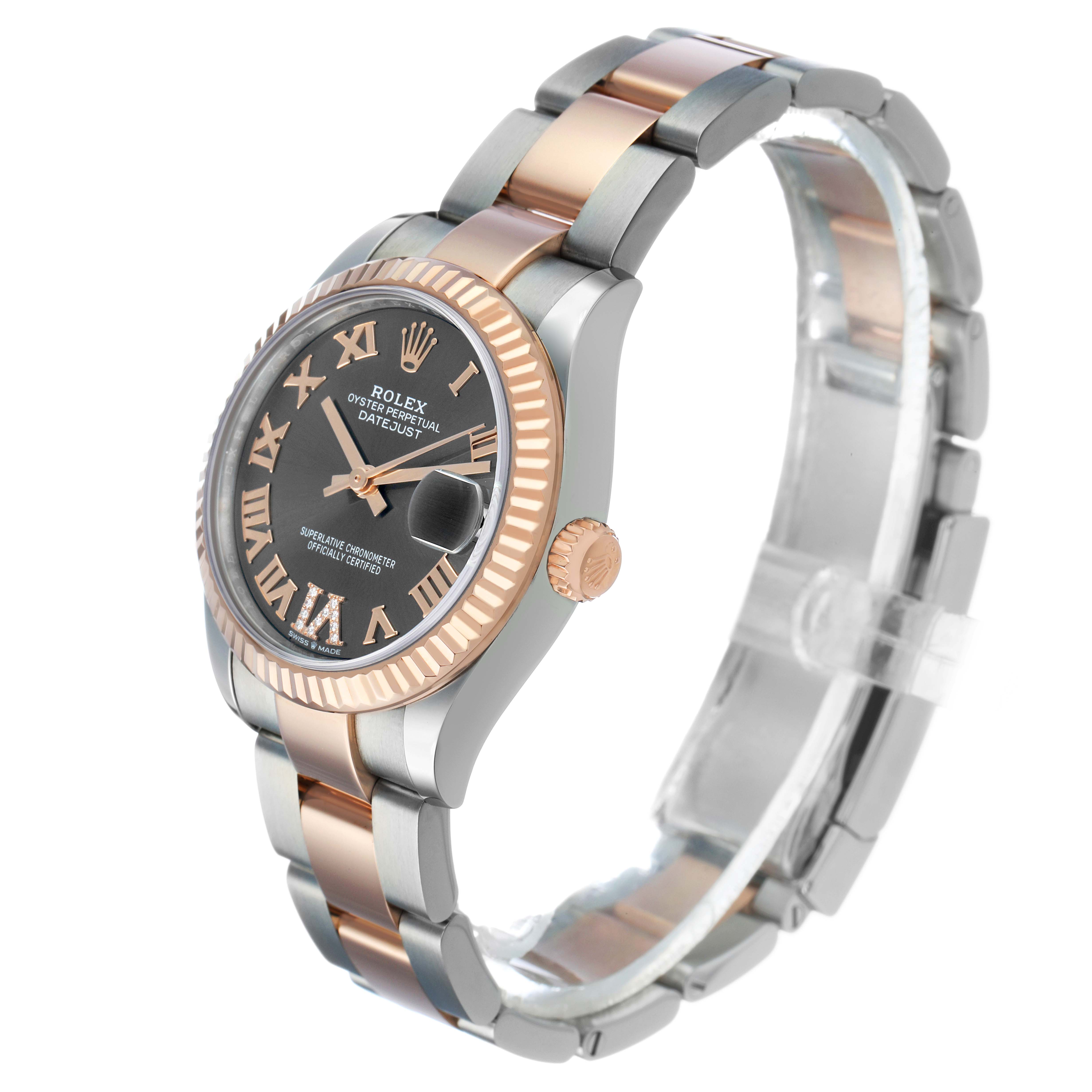 The Rolex Mid-Size M278271-0029 Women's Steel and Gold (two tone) Grey Dial watch is shown at an angle highlighting the face, bezel, crown, and bracelet.