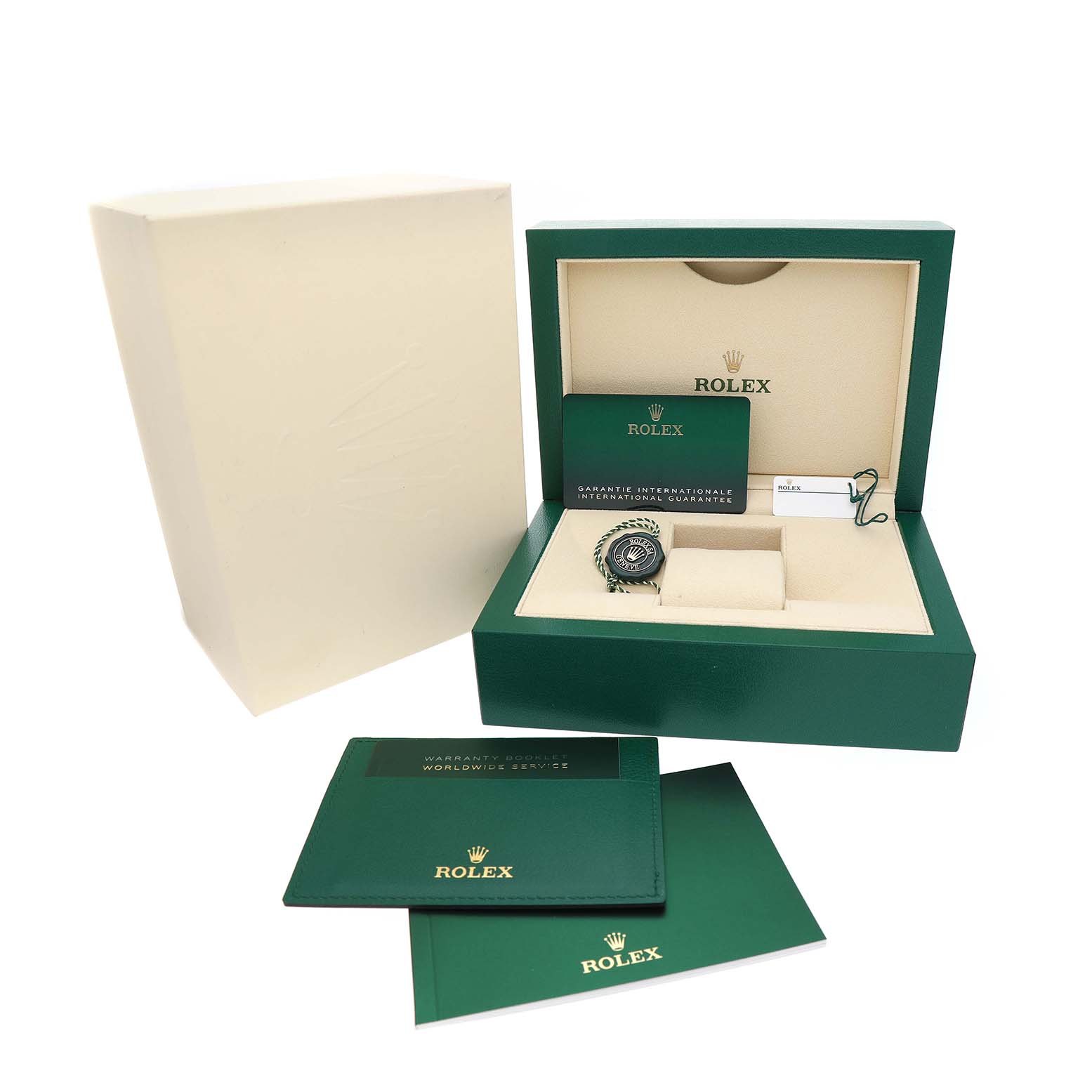 The Rolex Mid-Size M278271-0029 Women's Steel and Gold (two tone) Grey Dial watch is shown inside an open box, viewed from the front, with accompanying booklets and warranty card.