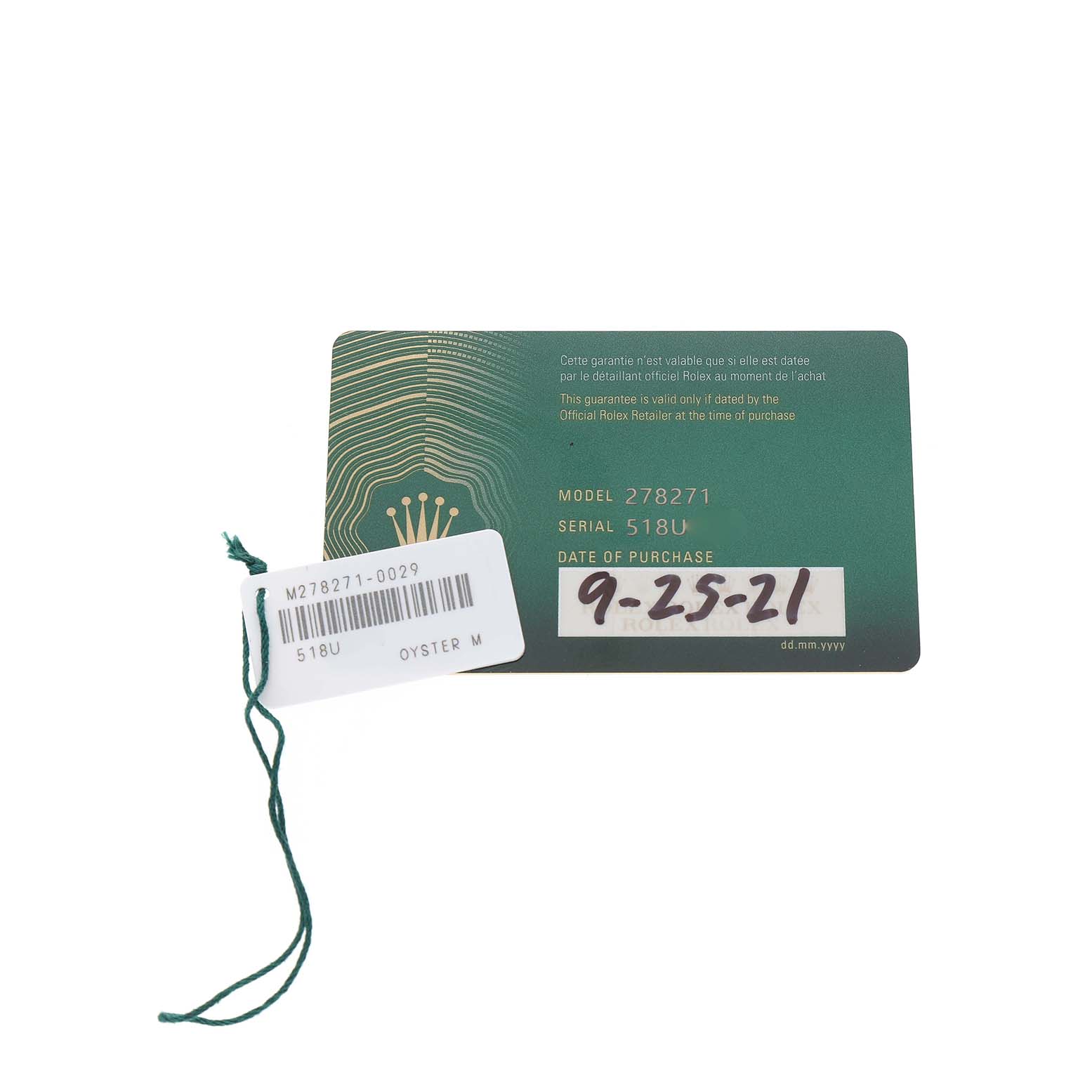 The image shows the warranty card and tag for the Rolex Mid-Size M278271-0029 Women's Steel and Gold (two tone) Grey Dial model 278271.