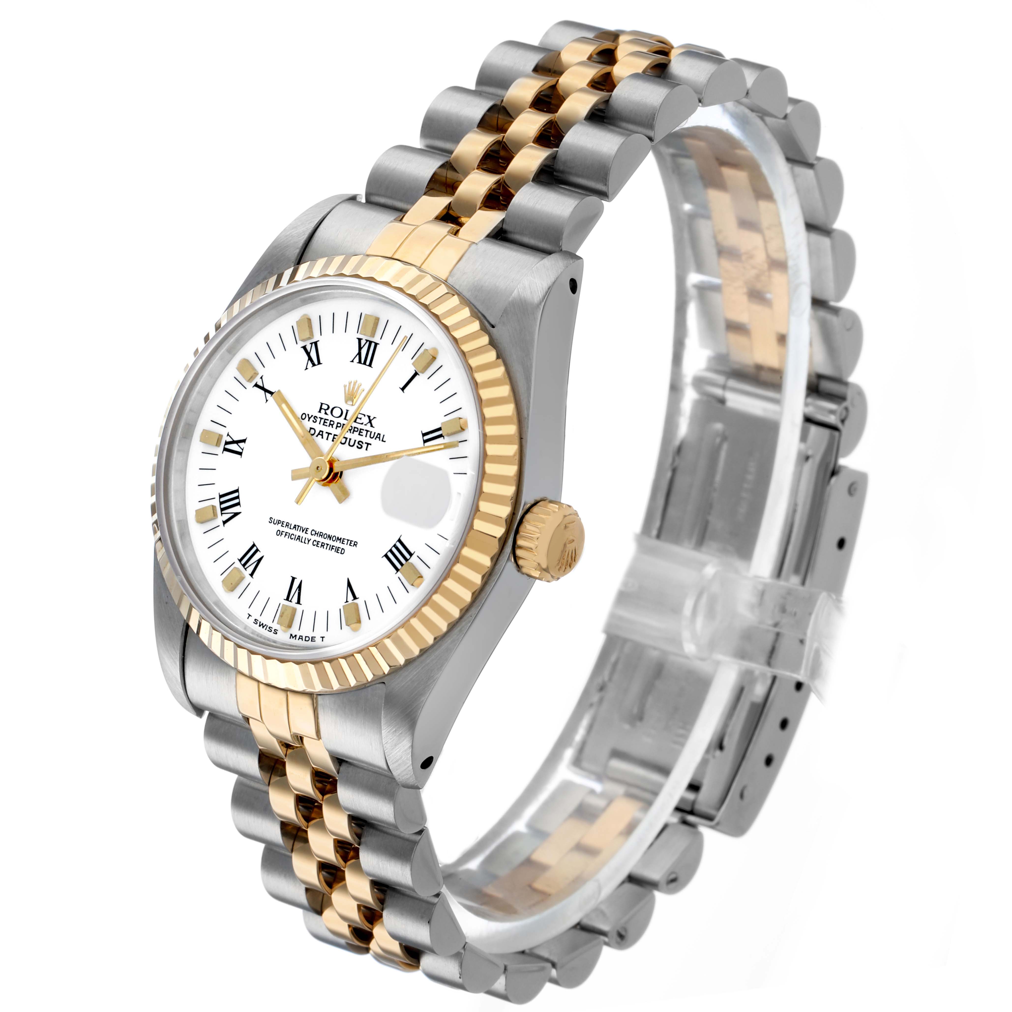The Rolex Datejust 68273 Men's Stainless Steel White Dial watch is shown at a three-quarter angle, displaying the dial, bezel, crown, and bracelet.