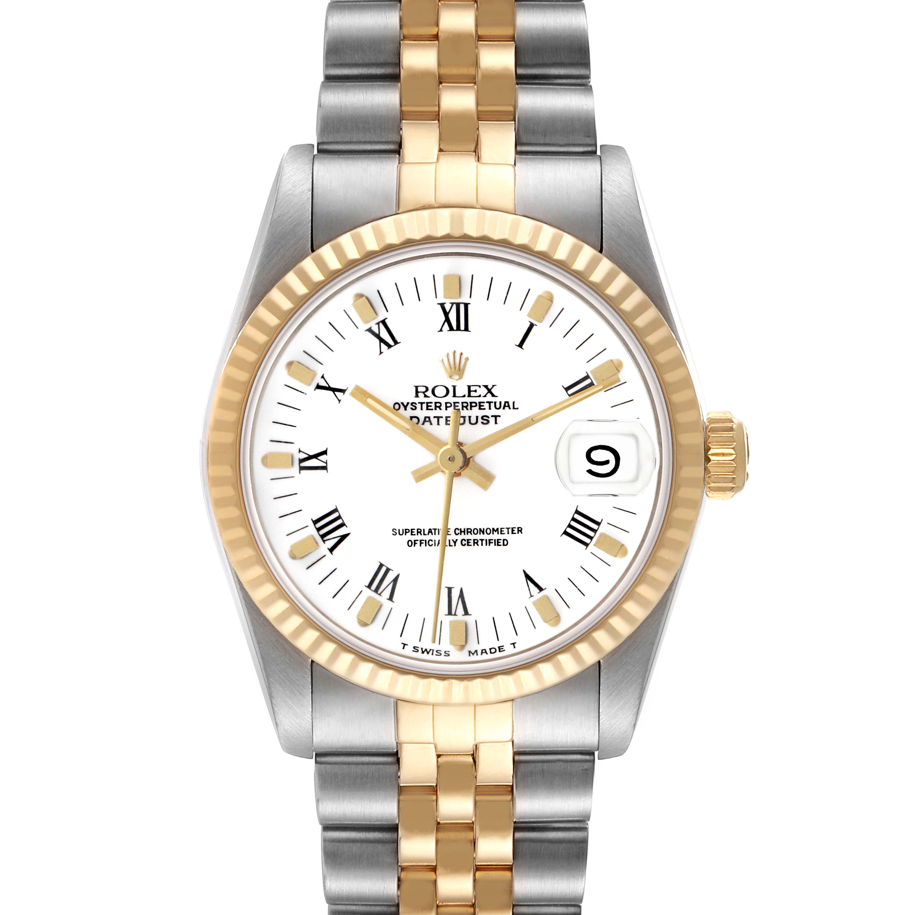 The Rolex Datejust 68273 Men's Stainless Steel White Dial model is shown from a front angle, highlighting the dial, bezel, bracelet, and crown.