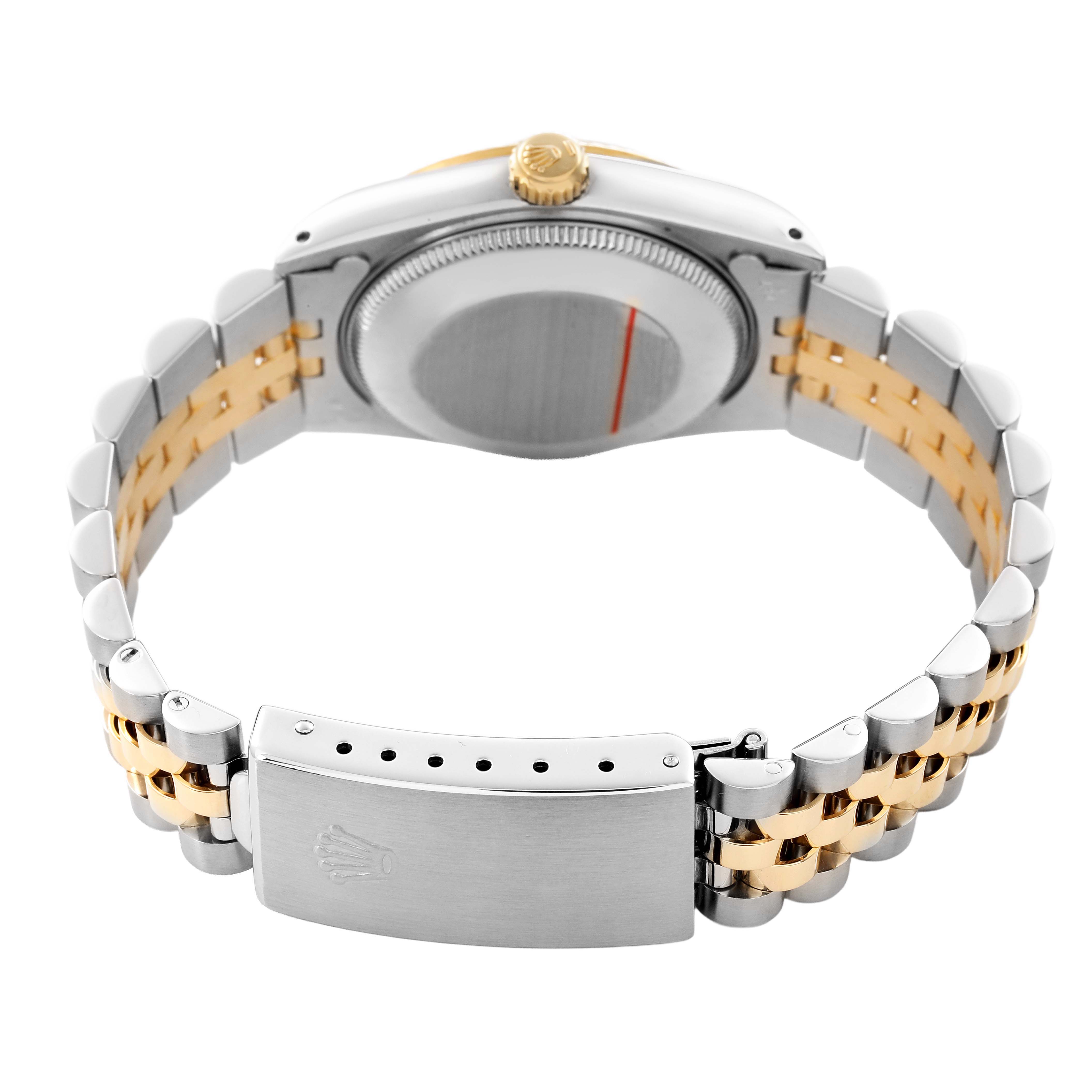 The image shows the back and clasp of a Rolex Datejust 68273 Men's Stainless Steel White Dial, featuring a two-tone bracelet and crown.