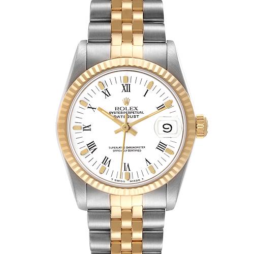 The Rolex Datejust 68273 Men's Stainless Steel White Dial watch is shown from the front, displaying its dial, bezel, and two-tone bracelet.