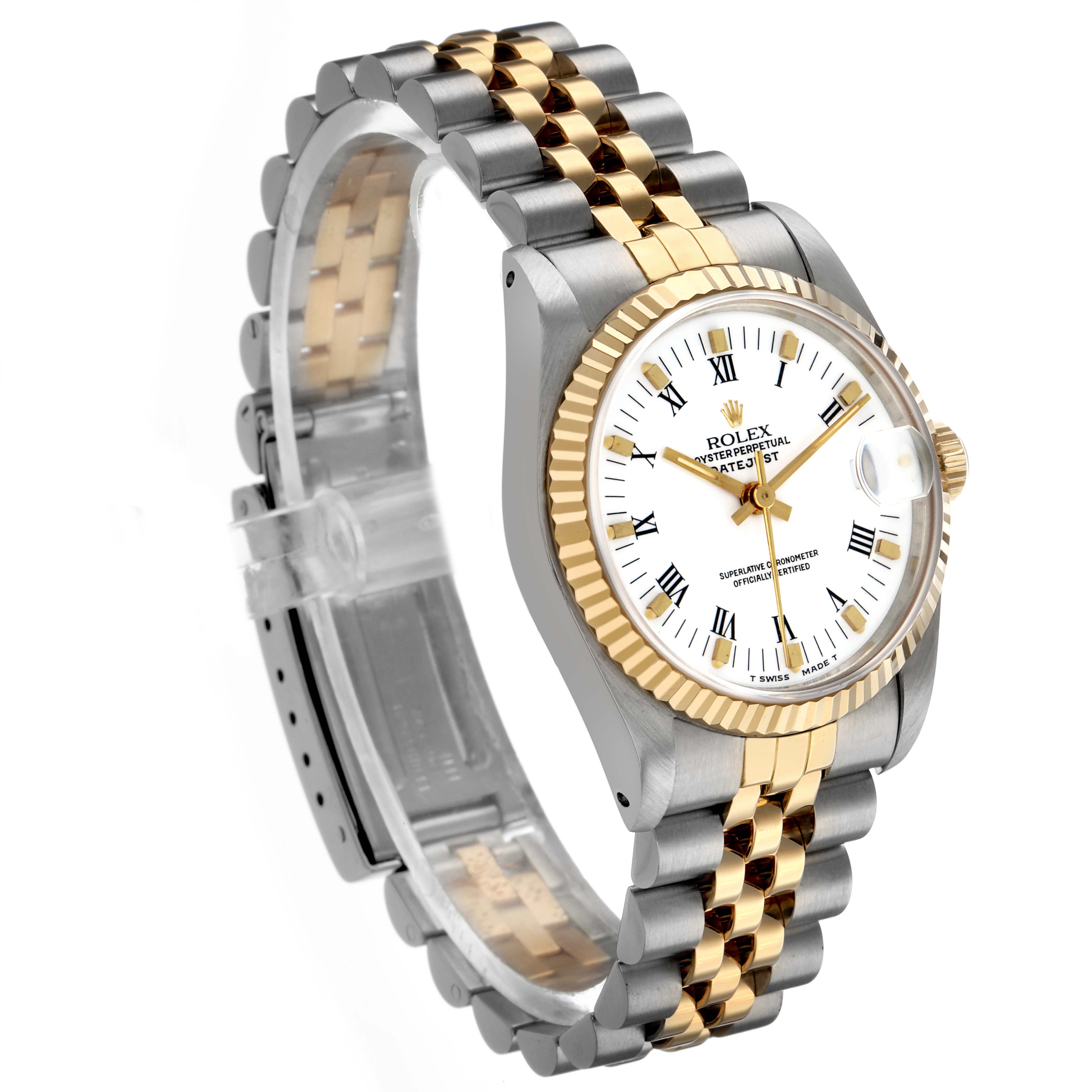 The Rolex Datejust 68273 Men's Stainless Steel White Dial watch is shown at an angled view, displaying the dial, bracelet, and fluted bezel.