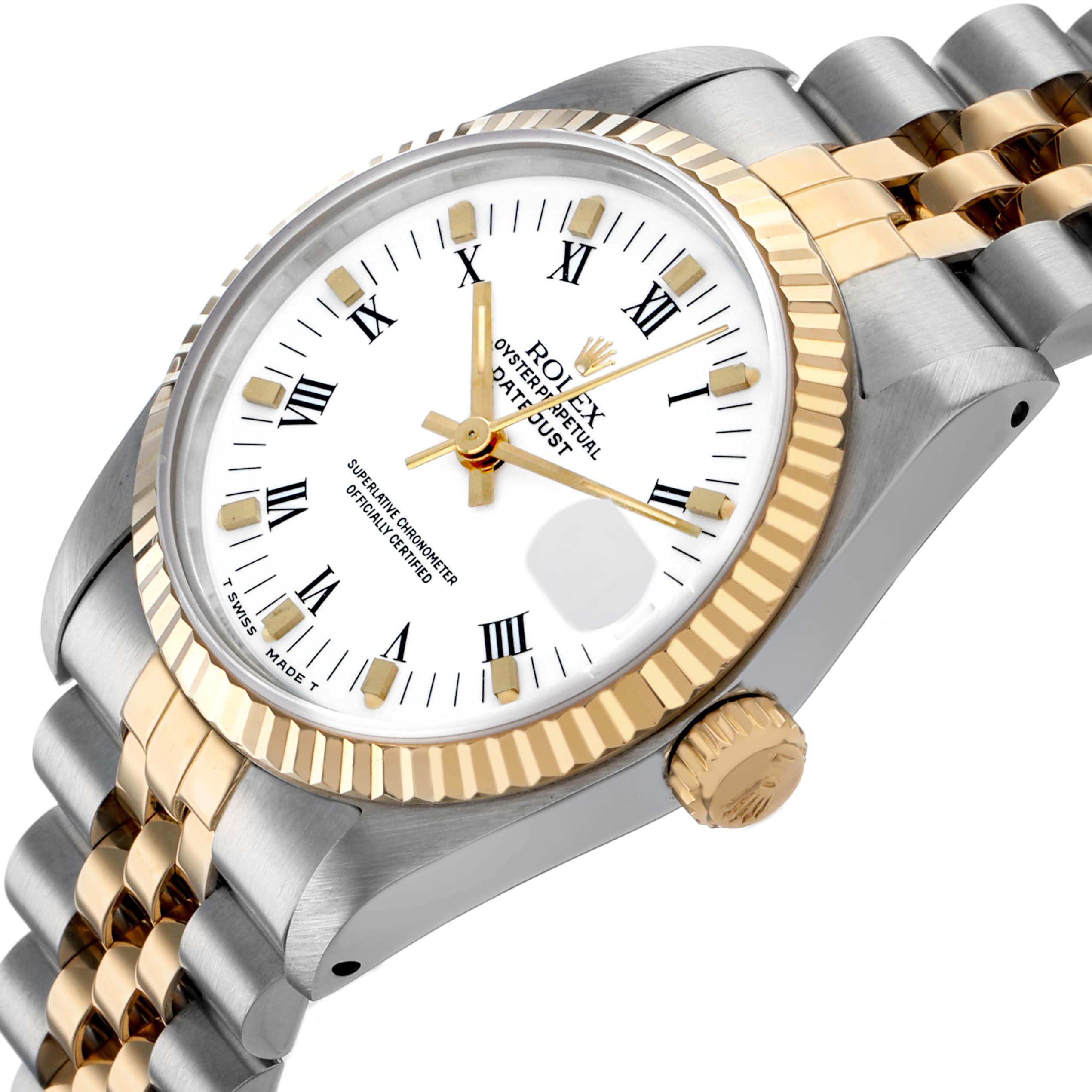 The Rolex Datejust 68273 Men's Stainless Steel White Dial watch is shown at an angled side view, displaying its bezel, dial, crown, and part of the bracelet.