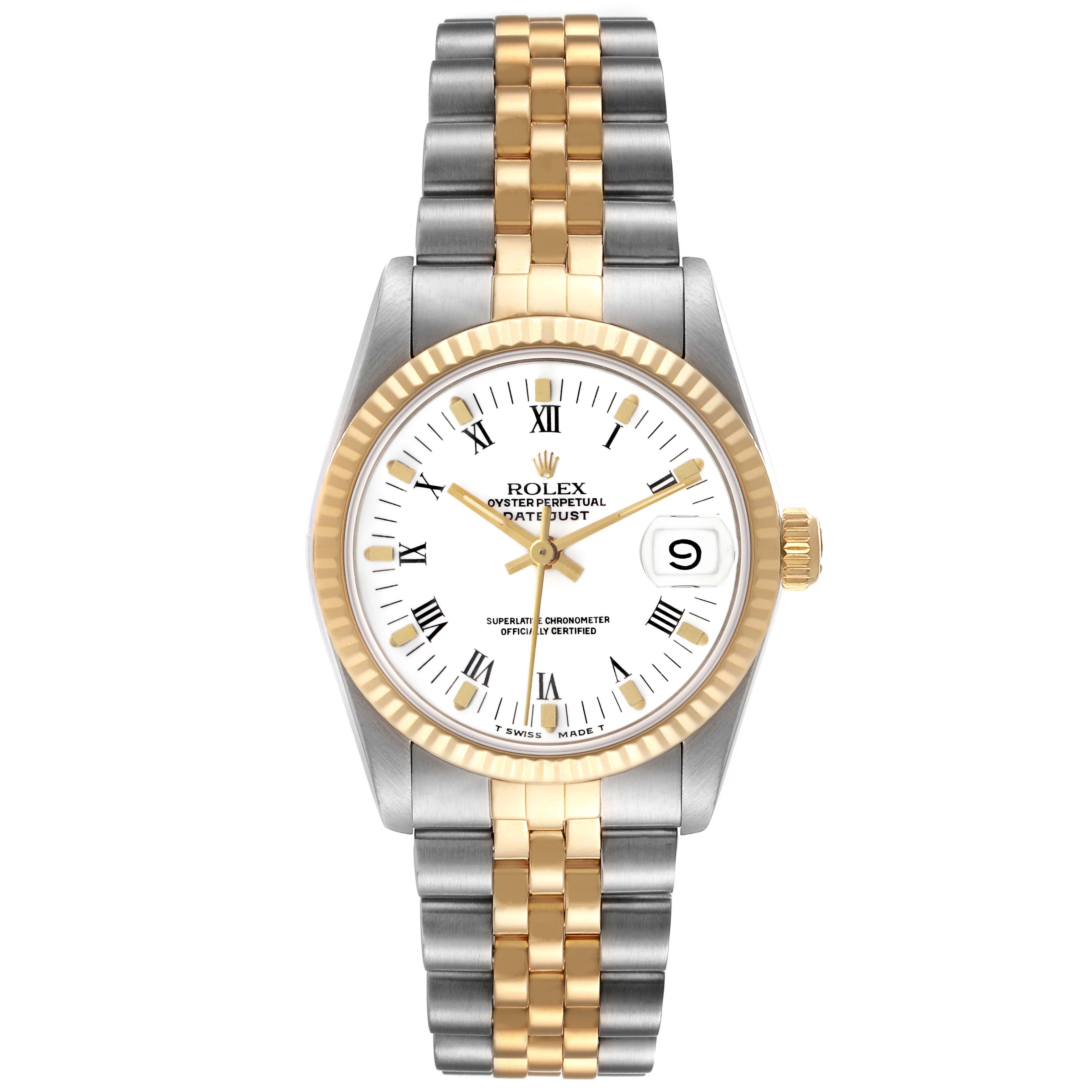 The Rolex Datejust 68273 Men's Stainless Steel White Dial watch is shown from a front view, highlighting the dial, bezel, bracelet, and crown.