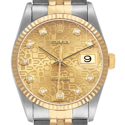 The image shows a close-up of the Rolex Datejust 16233 Men's Steel and Gold (two tone) Champagne Dial watch, highlighting the gold dial, bezel, hands, and part of the bracelet.