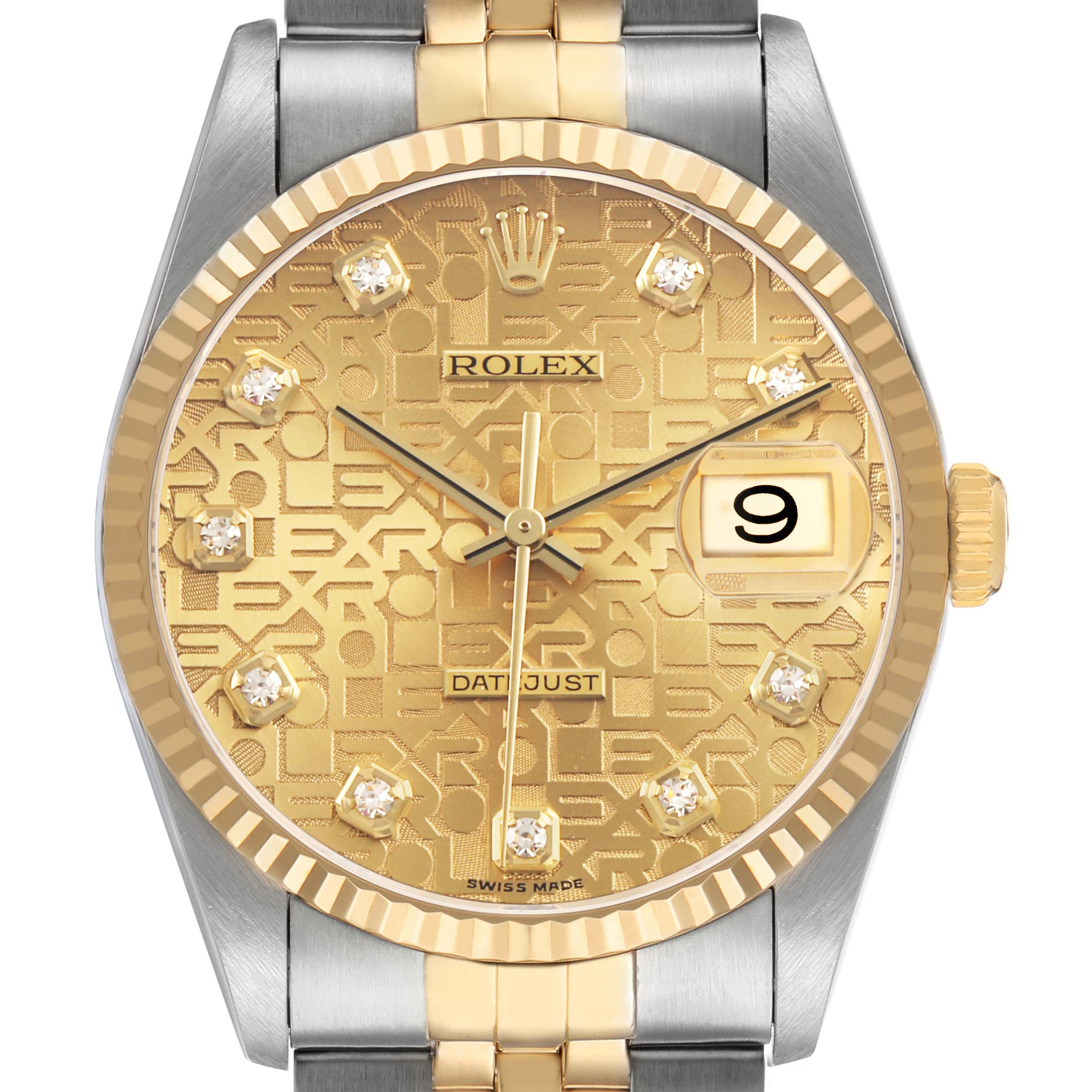 The Rolex Datejust 16233 Men's Steel and Gold (two tone) Champagne Dial is shown from the front, highlighting the dial, bezel, crown, and part of the bracelet.