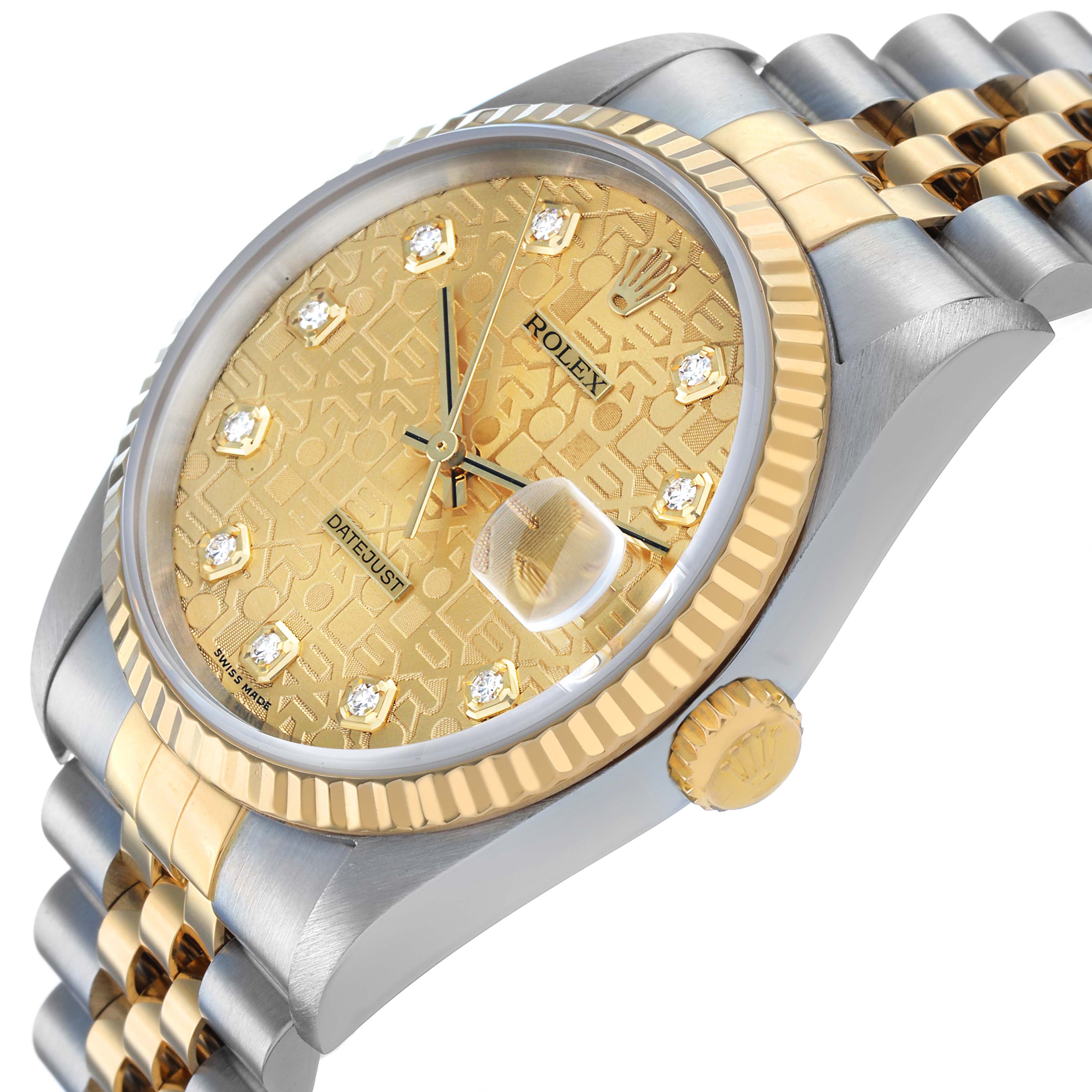 The Rolex Datejust 16233 Men's Steel and Gold (two tone) Champagne Dial watch is shown at a three-quarter angle, highlighting the gold dial, fluted bezel, and Jubilee bracelet.