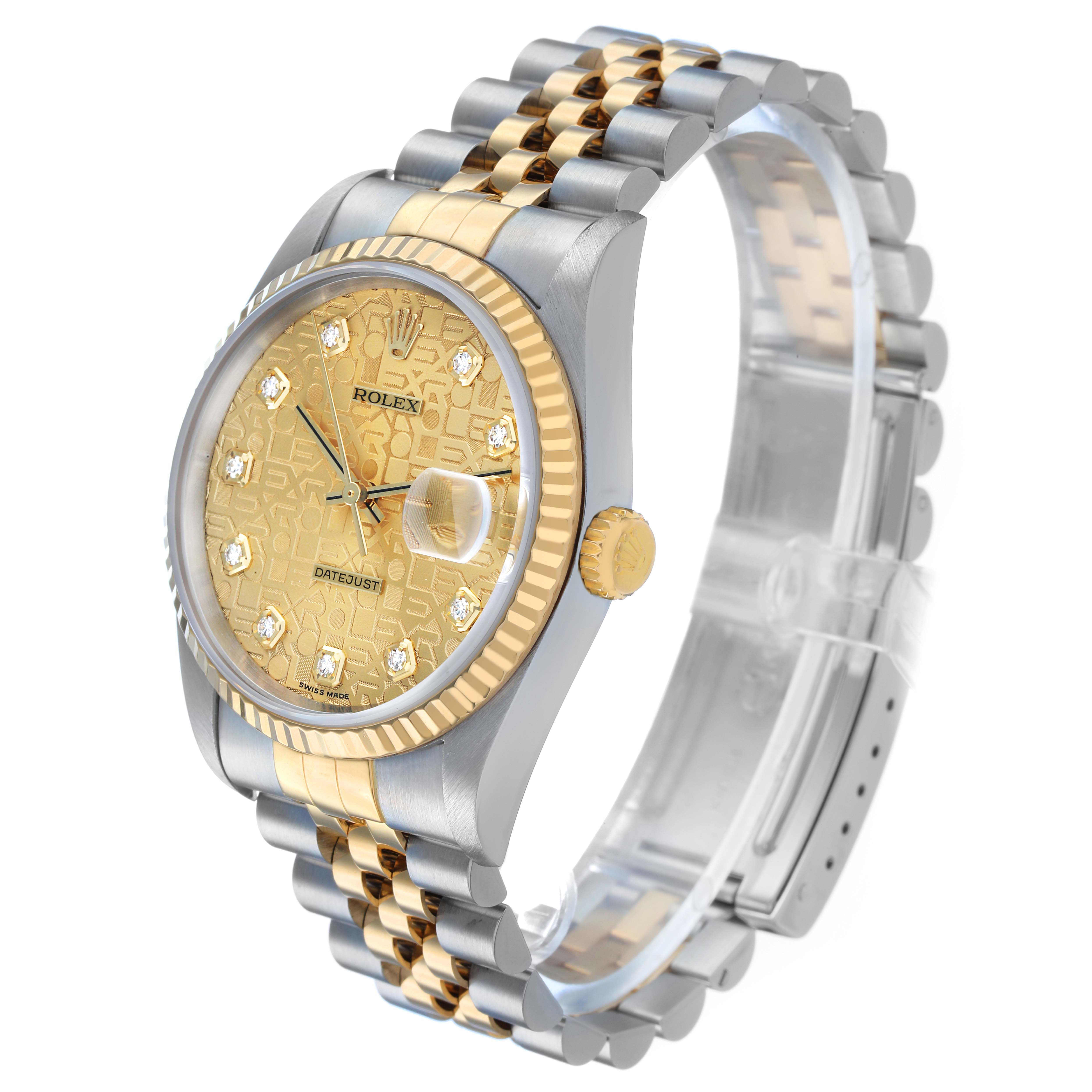 The Rolex Datejust 16233 Men's Steel and Gold (two tone) Champagne Dial watch is shown at a three-quarter angle, revealing the face, bezel, crown, and bracelet.