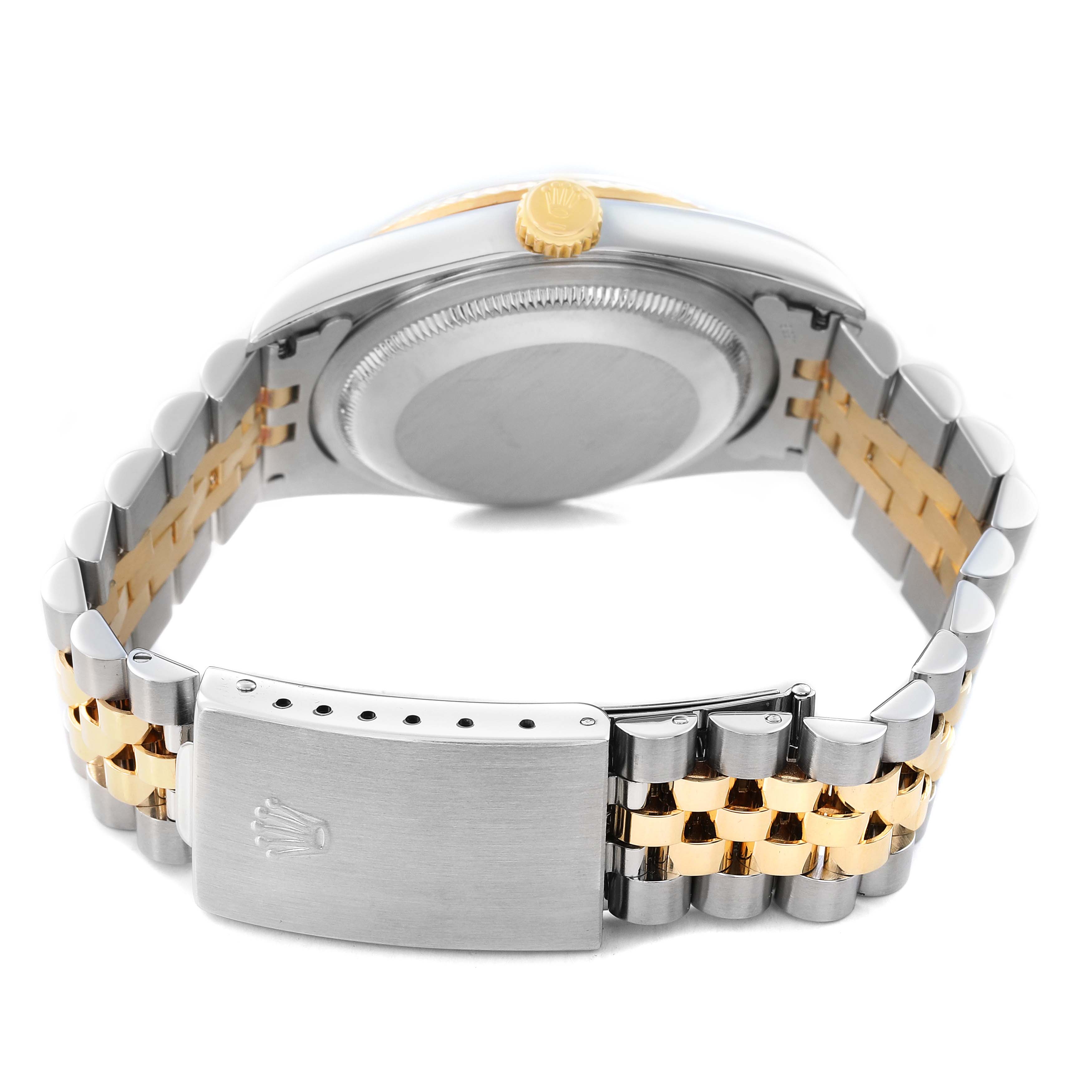 The image shows the back view of a Rolex Datejust 16233 Men's Steel and Gold (two tone) Champagne Dial watch, highlighting its bracelet, clasp, and case back.