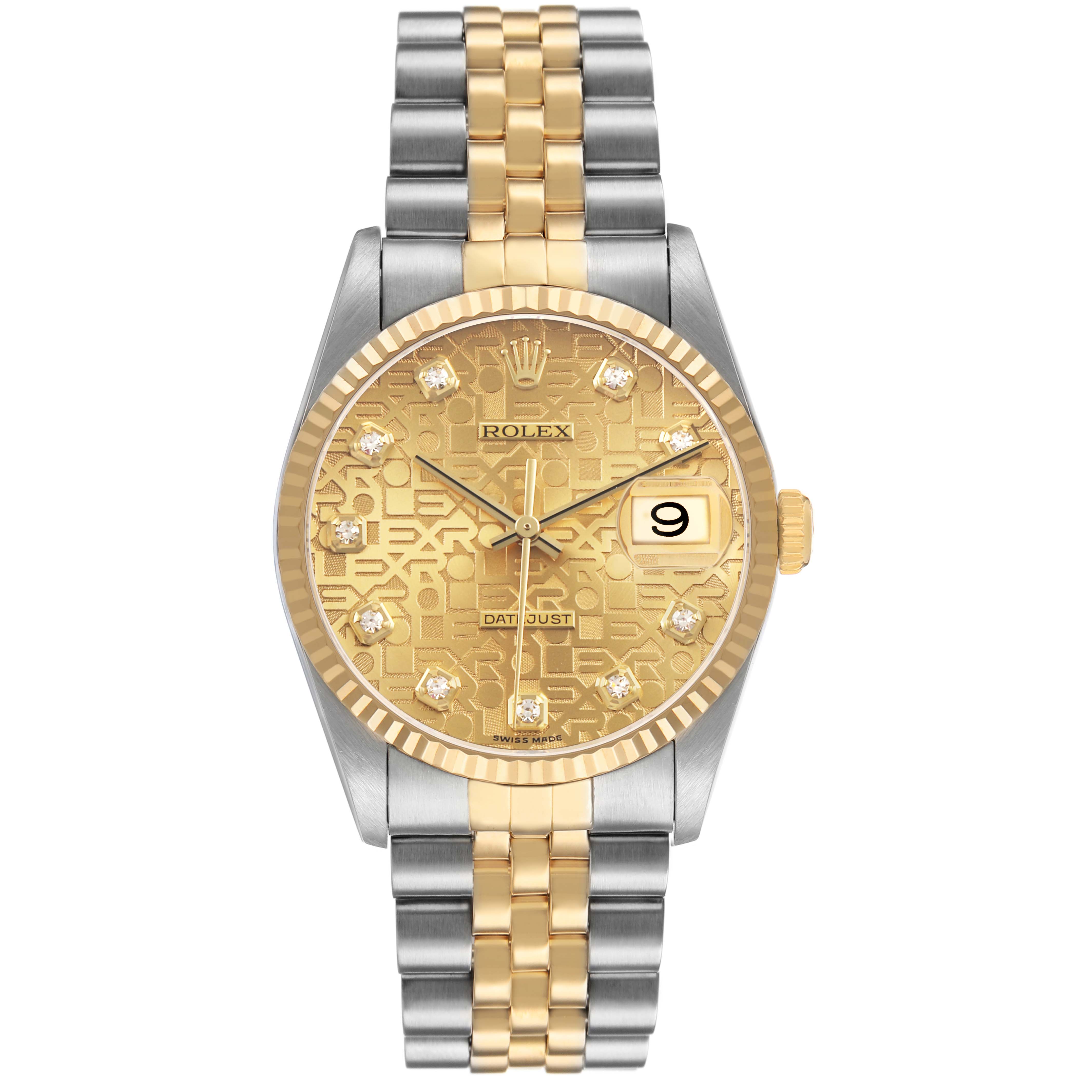 The Rolex Datejust 16233 Men's Steel and Gold (two tone) Champagne Dial watch is shown from the front, highlighting its bracelet, dial, and crown.