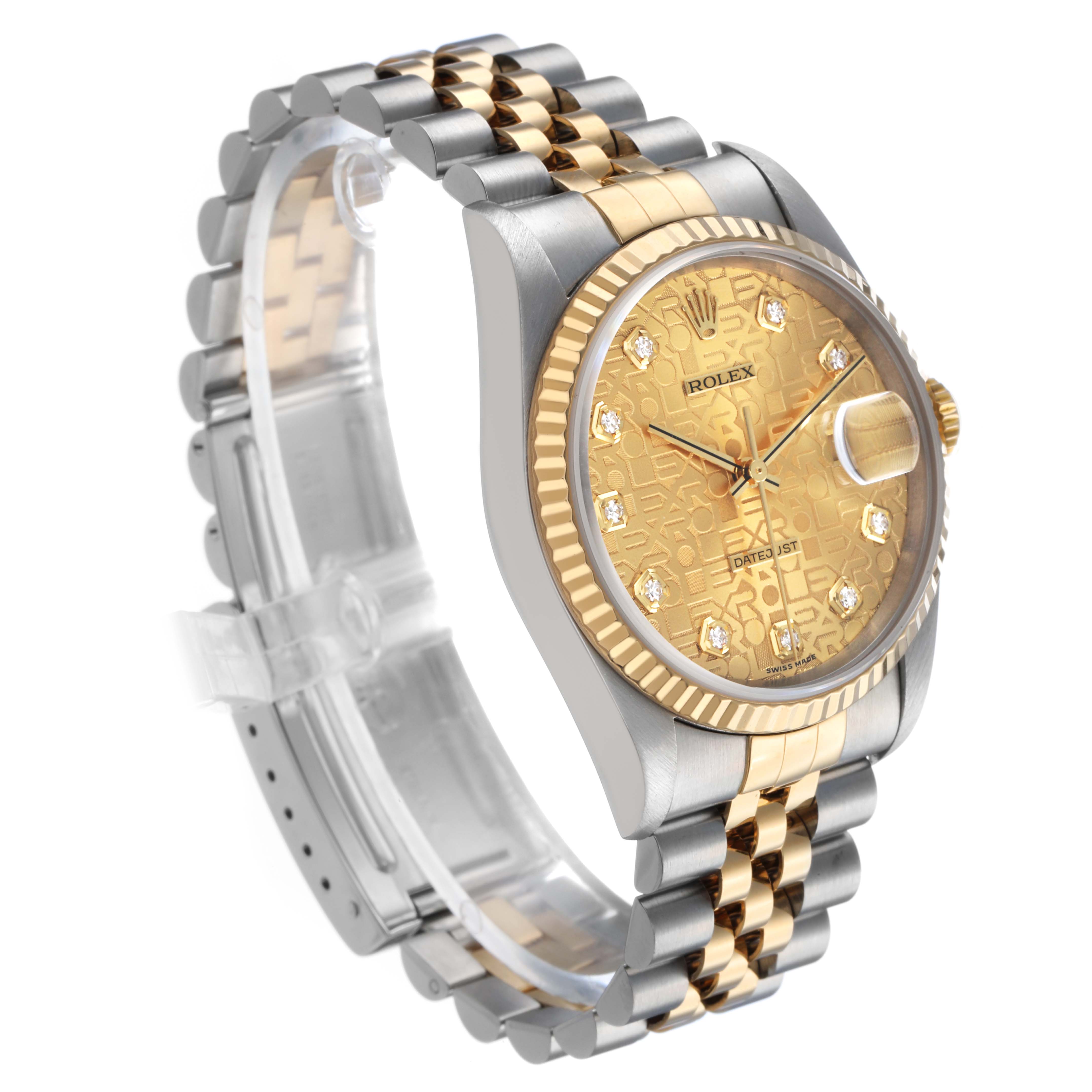 The Rolex Datejust 16233 Men's Steel and Gold (two tone) Champagne Dial watch is shown at a three-quarter angle, displaying the dial, bezel, case, and bracelet clearly.