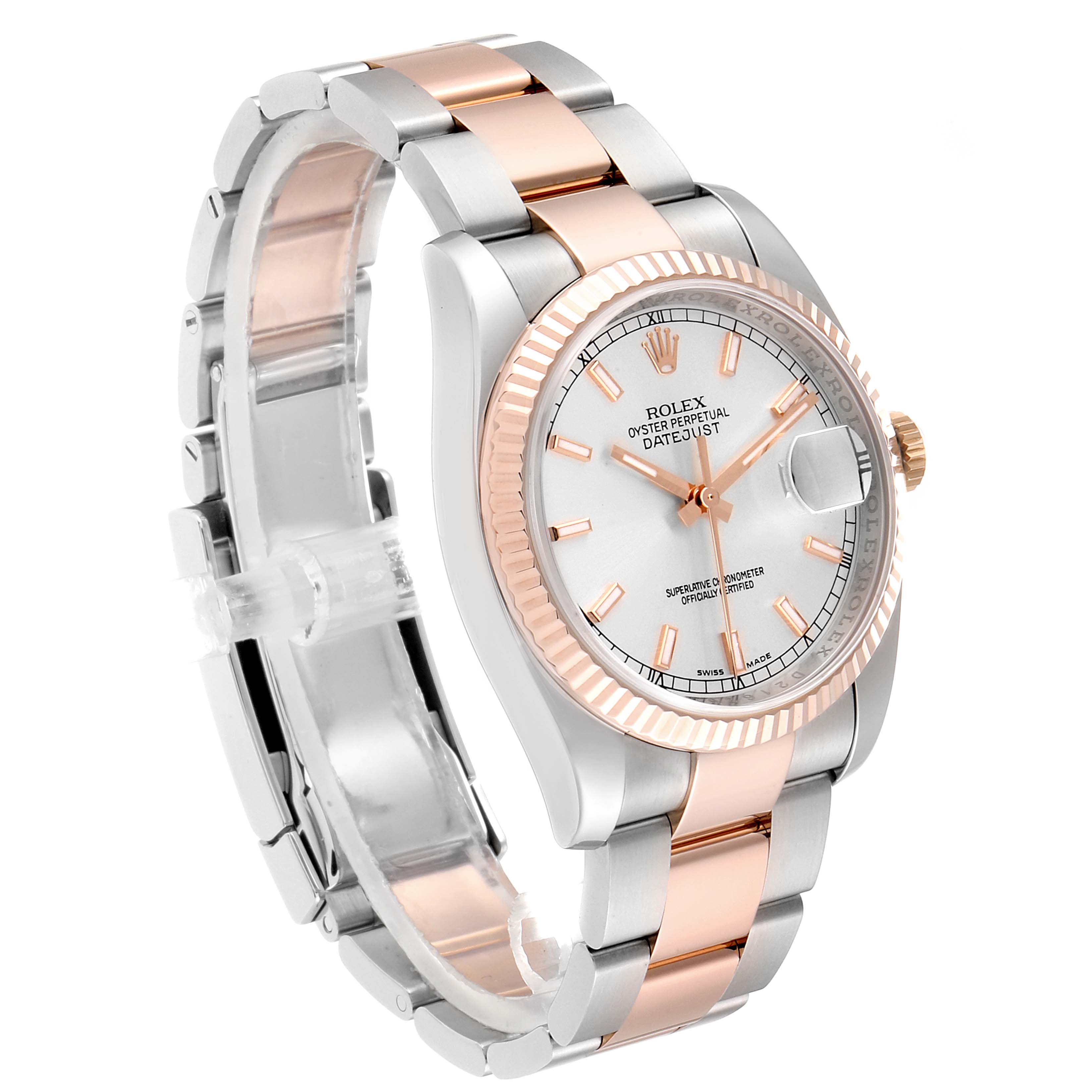 This image shows a Rolex Datejust 116231 Men
s Steel and Gold (two tone) Silver Dial 116231 Men
s Steel and Gold (two tone) Silver Dial watch at an angled view, displaying its face, bezel, and two-tone bracelet.