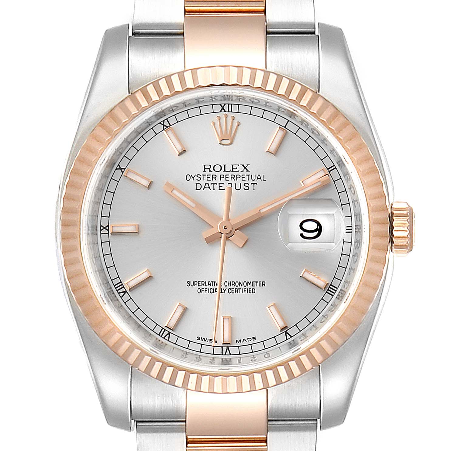 The image shows a head-on view of the Rolex Datejust 116231 Men
s Steel and Gold (two tone) Silver Dial 116231 Men
s Steel and Gold (two tone) Silver Dial watch, highlighting the dial, bezel, hands, and part of the bracelet.