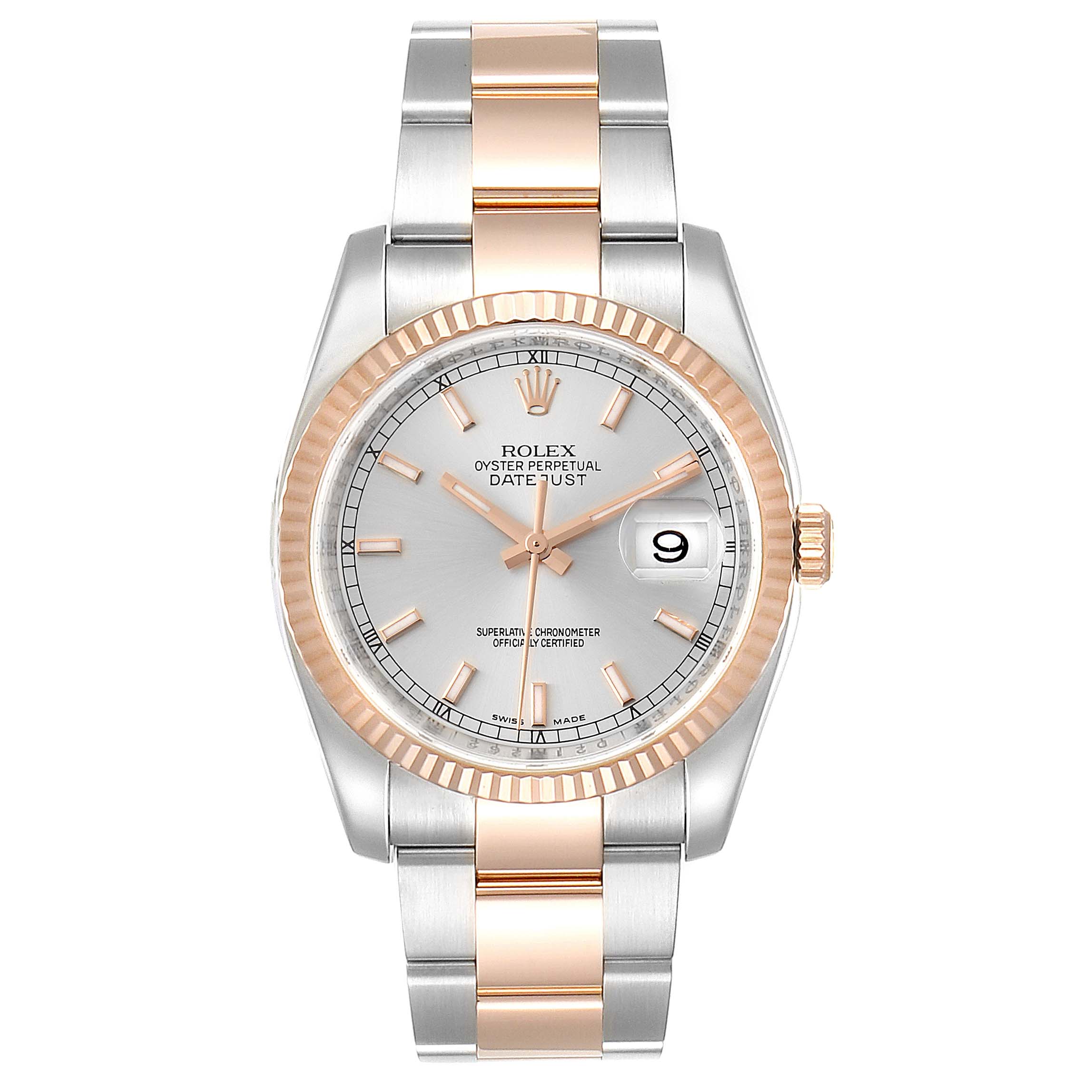 The image shows a front view of a Rolex Datejust 116231 Men
s Steel and Gold (two tone) Silver Dial 116231 Men
s Steel and Gold (two tone) Silver Dial watch, highlighting its two-tone bracelet, fluted bezel, and date display.