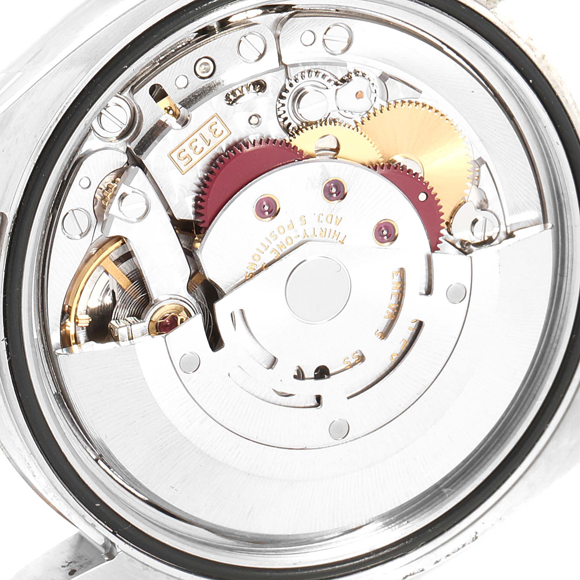 This is the movement mechanism, showing the inner workings, of a Rolex Datejust 116231 Men
s Steel and Gold (two tone) Silver Dial 116231 Men
s Steel and Gold (two tone) Silver Dial watch from a back view angle.