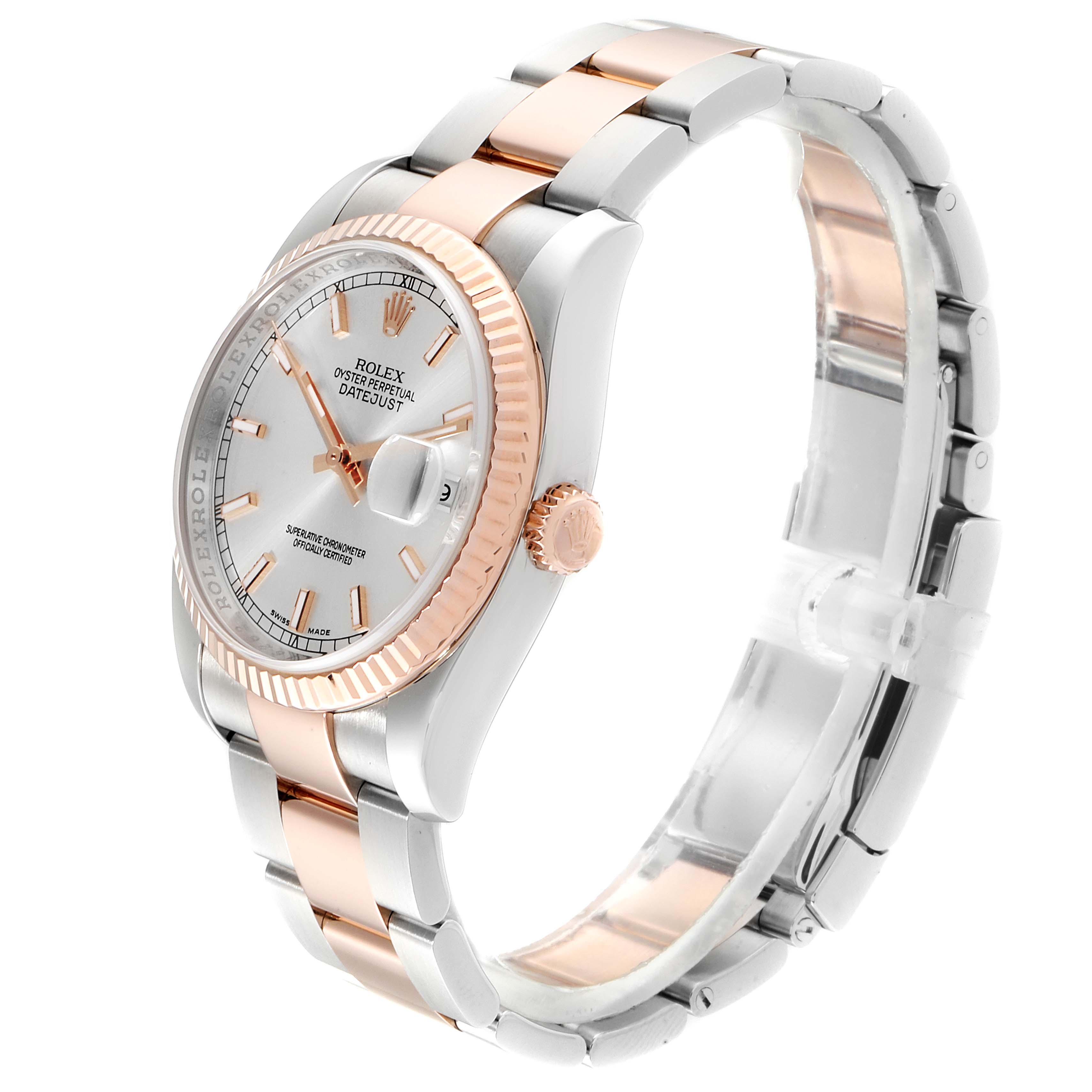 The Rolex Datejust 116231 Men
s Steel and Gold (two tone) Silver Dial 116231 Men
s Steel and Gold (two tone) Silver Dial watch is shown at a three-quarter angle, highlighting the face, bezel, crown, and two-tone metal bracelet.