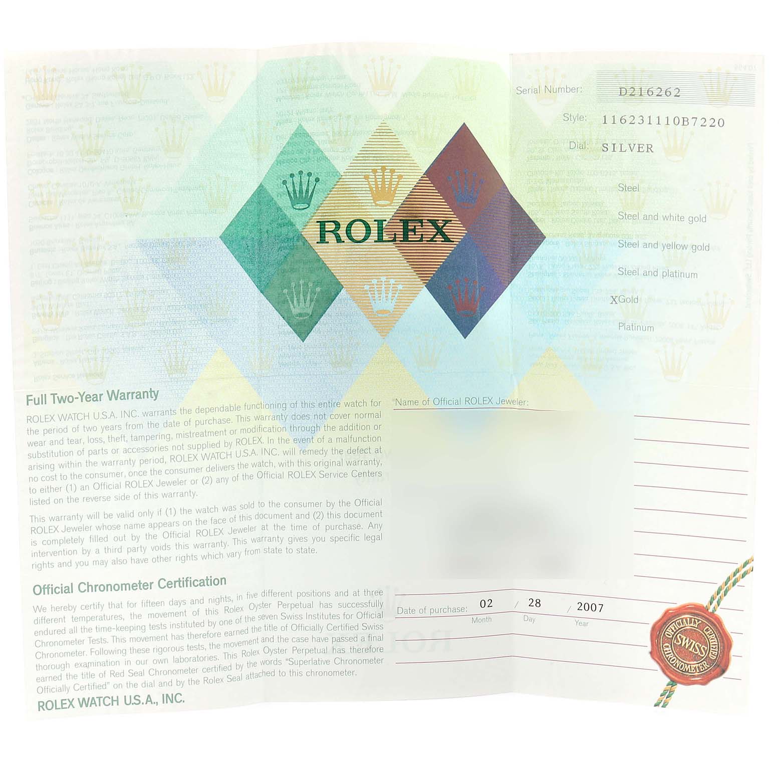 This image shows a warranty certificate for the Rolex Datejust 116231 Men
s Steel and Gold (two tone) Silver Dial 116231 Men
s Steel and Gold (two tone) Silver Dial model with warranty terms and purchase details.