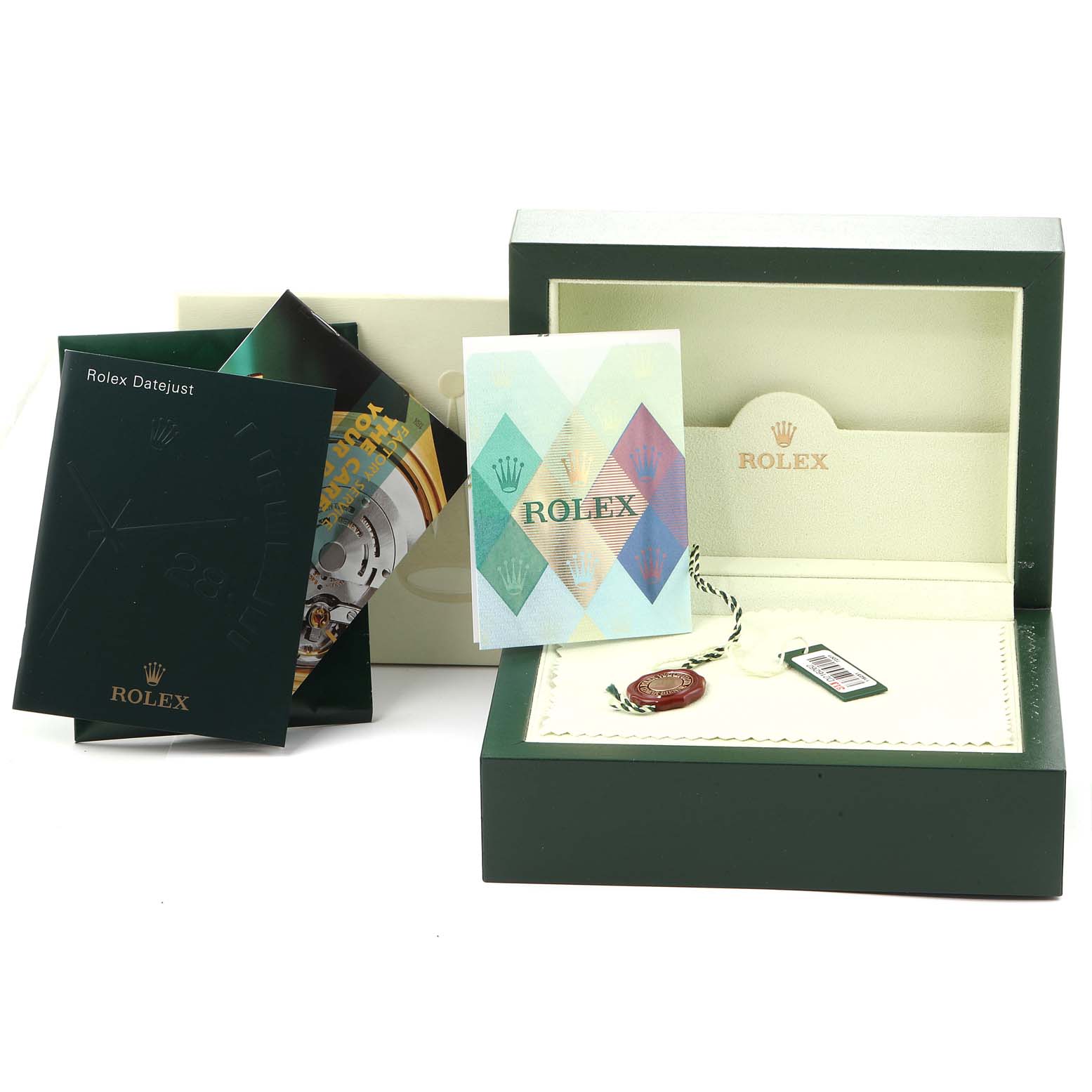 The image shows a Rolex Datejust 116231 Men
s Steel and Gold (two tone) Silver Dial 116231 Men
s Steel and Gold (two tone) Silver Dial presentation box, documents, warranty card, and a hangtag from a front angle.