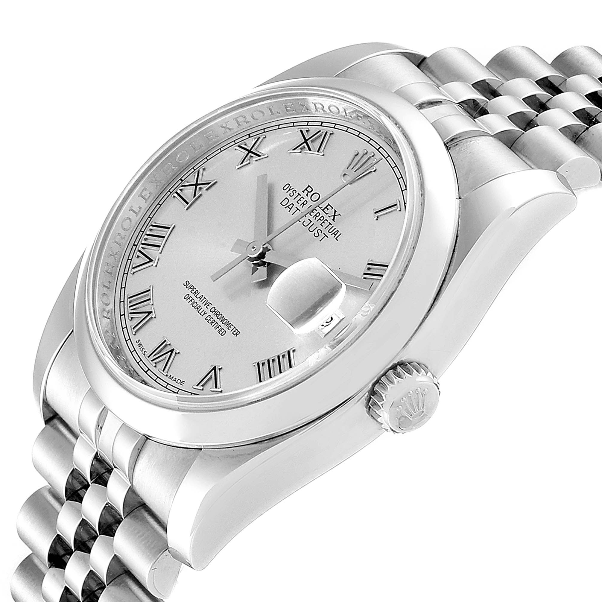 The image shows a side angle of a Rolex Datejust 116200 Men's Stainless Steel Silver Dial 116200 Men's Stainless Steel Silver Dial watch, highlighting the dial, bezel, crown, and part of the bracelet.