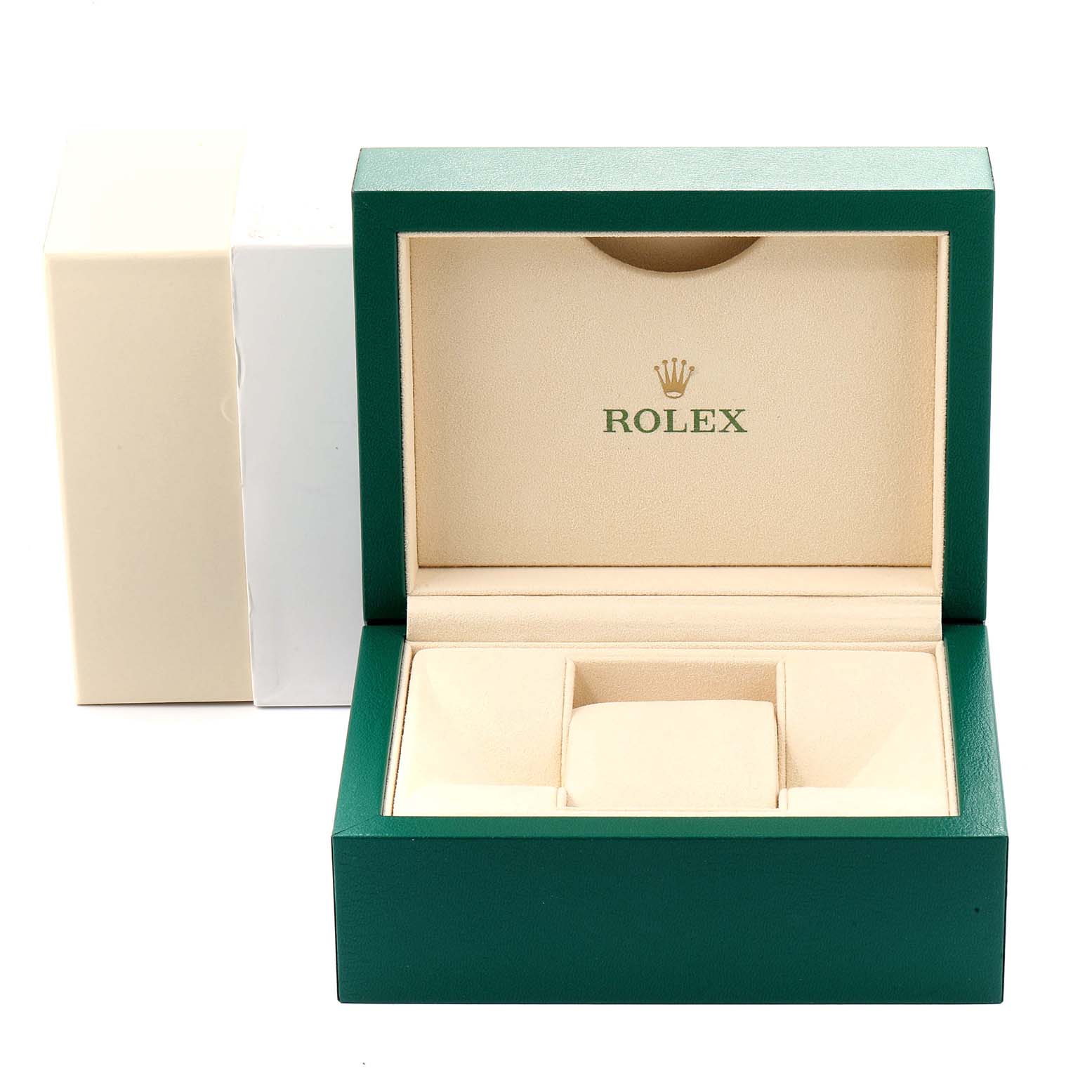 This image shows the open box and packaging for a Rolex Datejust 116200 Men's Stainless Steel Silver Dial 116200 Men's Stainless Steel Silver Dial watch.