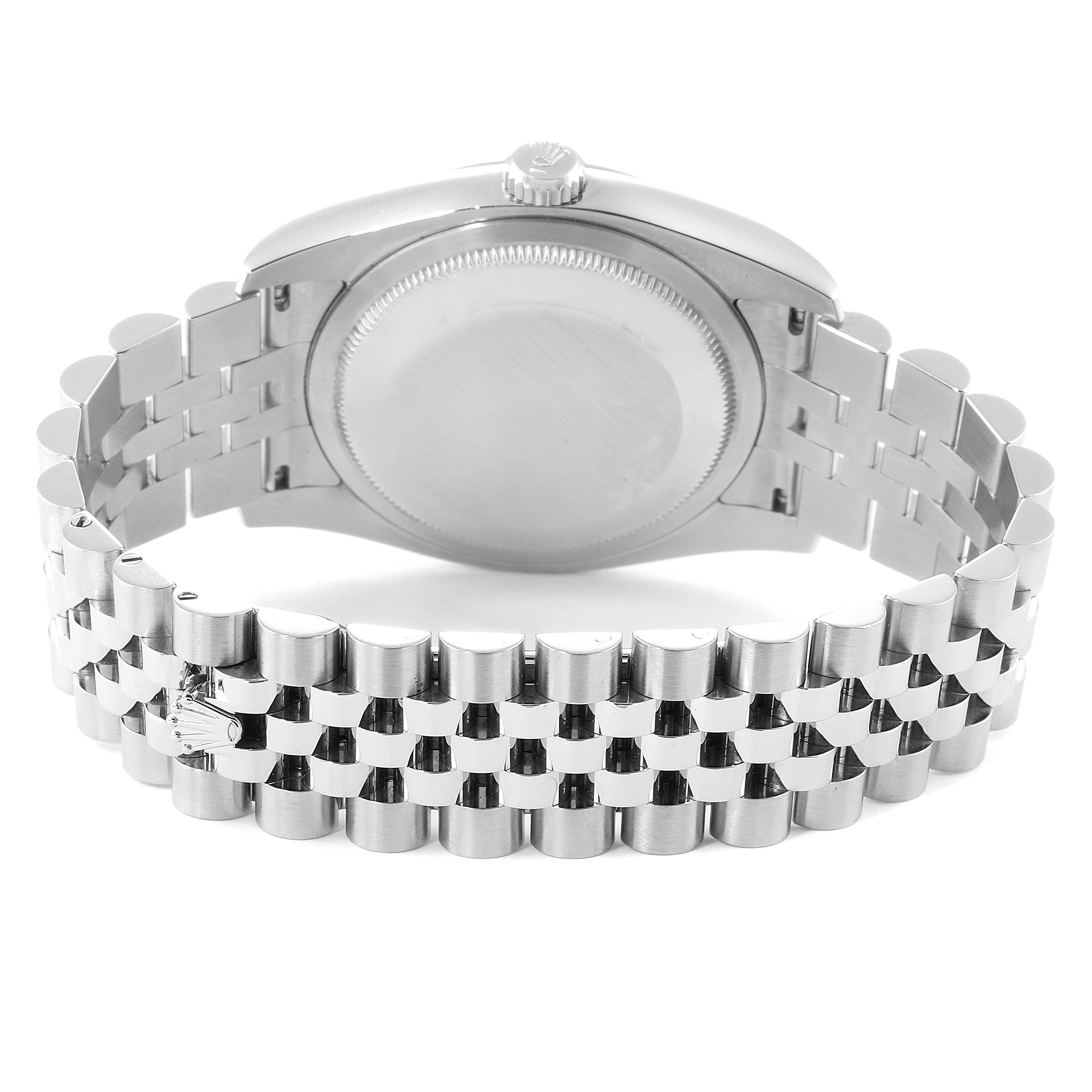 This image shows the back case and bracelet of a Rolex Datejust 116200 Men's Stainless Steel Silver Dial 116200 Men's Stainless Steel Silver Dial watch from a rear angle.