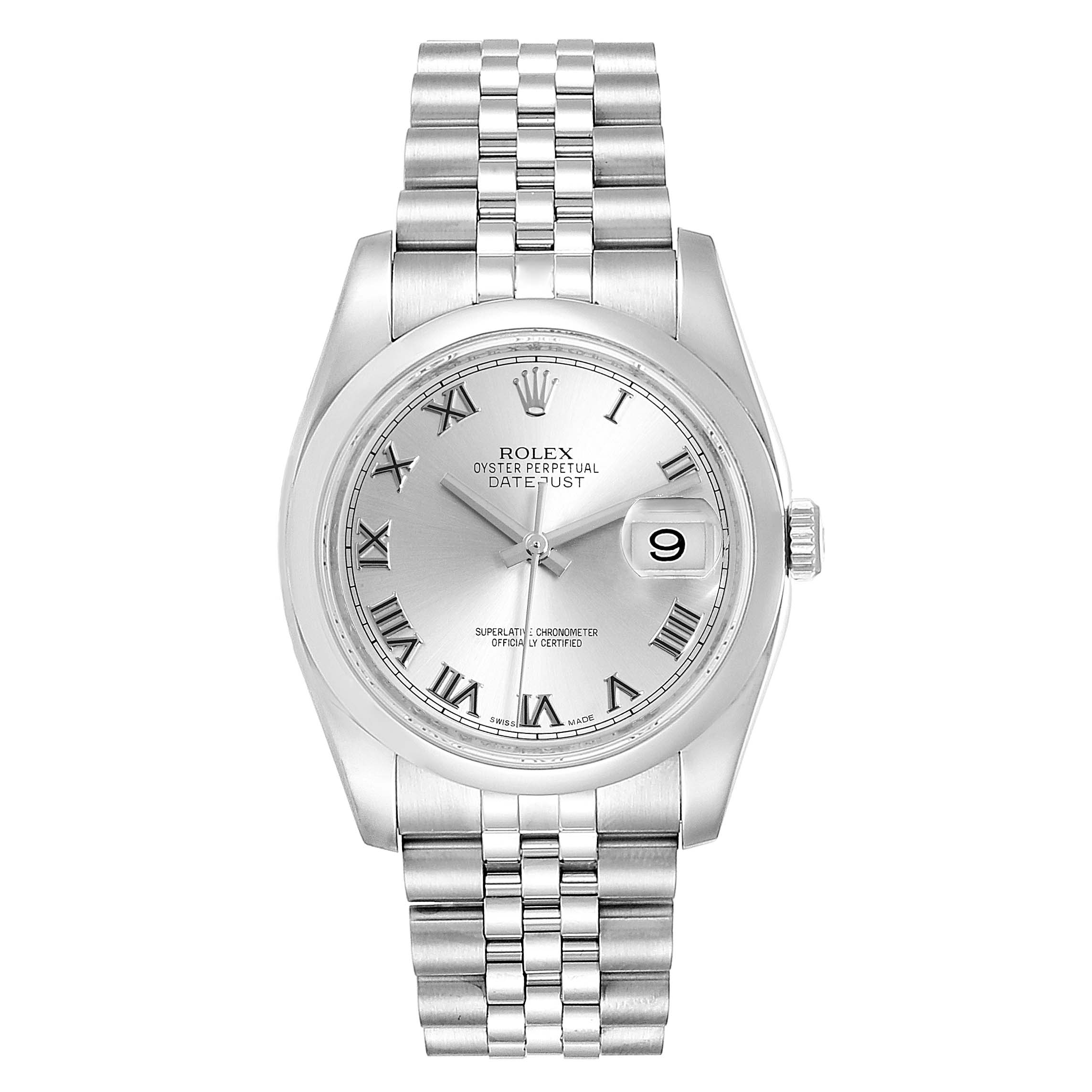 The image shows a Rolex Datejust 116200 Men's Stainless Steel Silver Dial 116200 Men's Stainless Steel Silver Dial watch from a front angle, highlighting its face, bracelet, and date window.